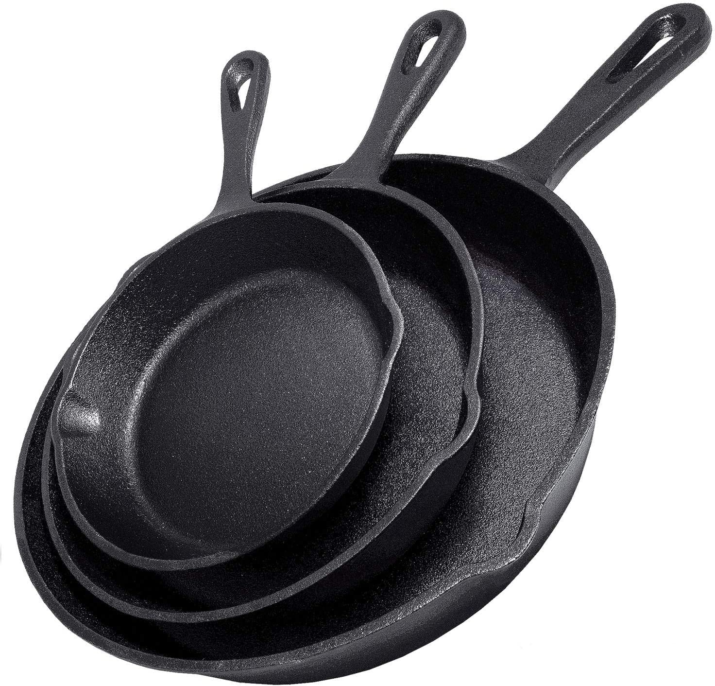 Cast Iron Skillet 3-Piece Set - Best Heavy-Duty Professional Restaurant Chef Quality Pre-Seasoned Pan Cookware Set - 10", 8", 6" Pans - Great For Frying, Saute, Cooking, Pizza & More,Black