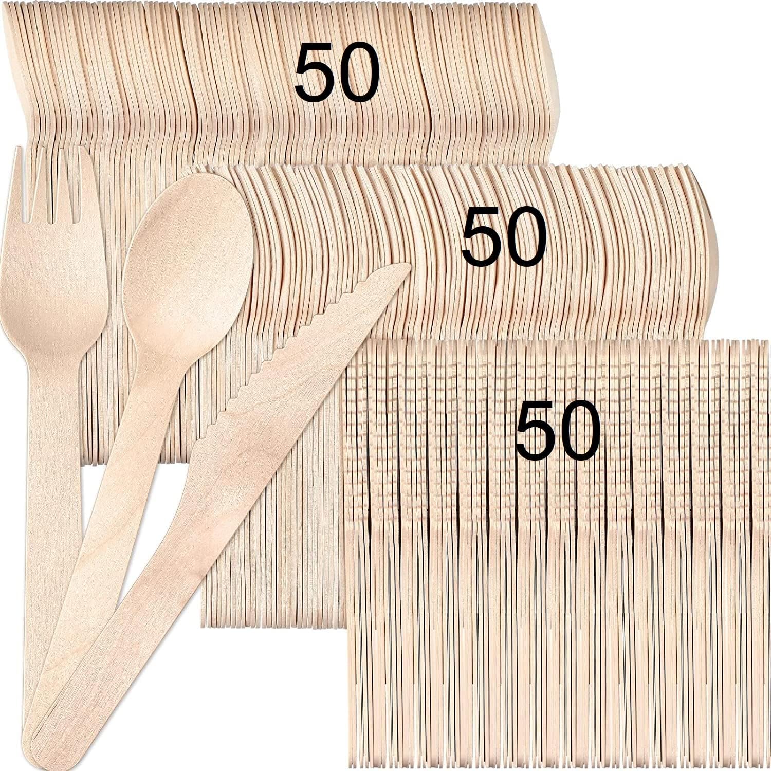 NALACAL 50pcs Disposable Wooden Cutlery Set, Excellent quality, Eco Friendly Biodegradable & Compostable For Party Picnic Office Wedding & Indoor/Outdoor use, Deep spoons strong forks sharp knives.