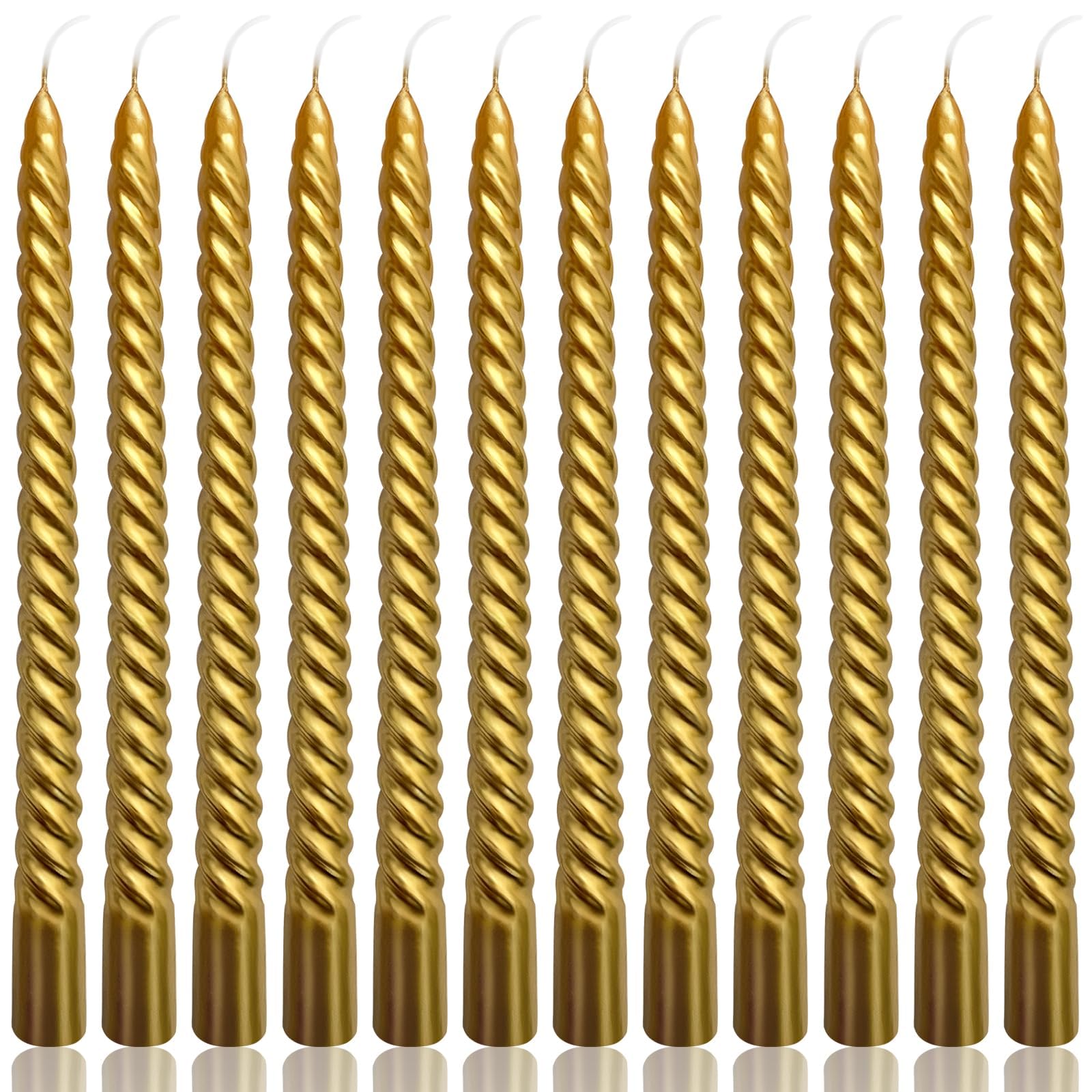 Jaffiust 12PCS Tapered Candles 10 Inch Unscented Smokeless Burning Candles for Home, Weddings, Birthday Parties and Home Decor (Gold)