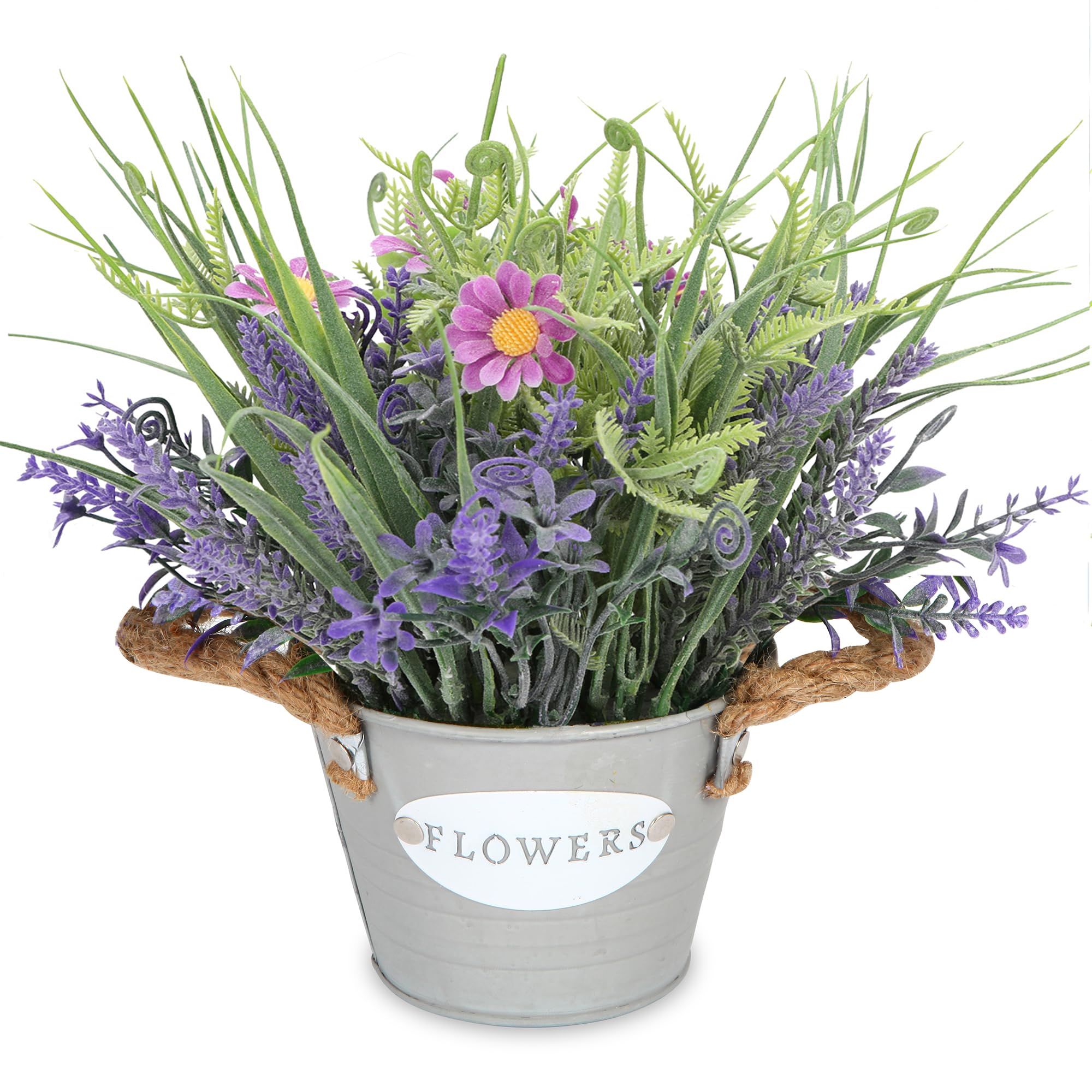 Artificial Plants Fake Lavender Flowers Purple in Metal Pot 10inch Height for Indoor Home Party Decoration