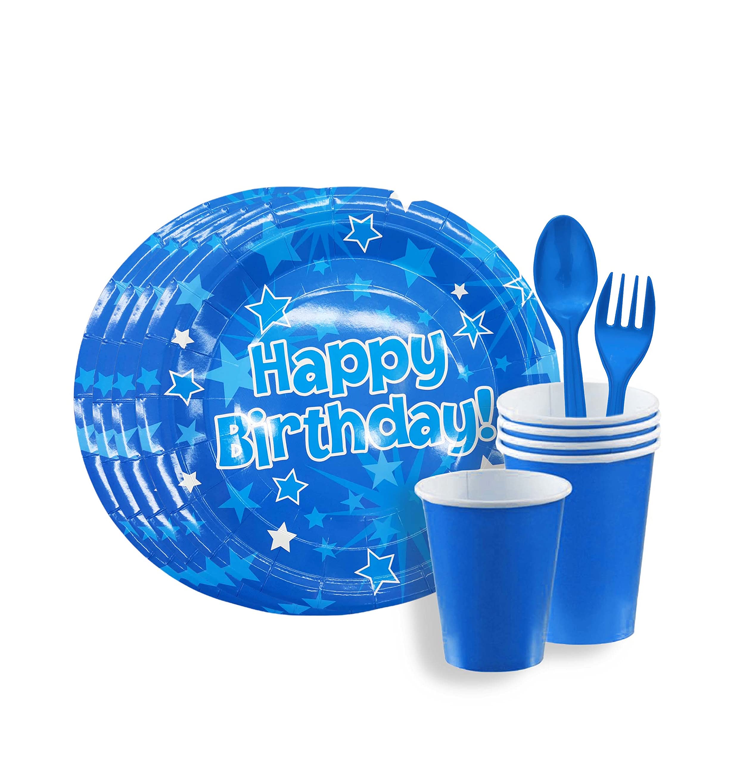 Party Time - 24 Pieces Blue Happy Birthday and Star Print Design Themed Disposable Birthday Plates 9", Paper Cups 9 oz., Spoons and Forks for Occasions, Events and Birthday Parties