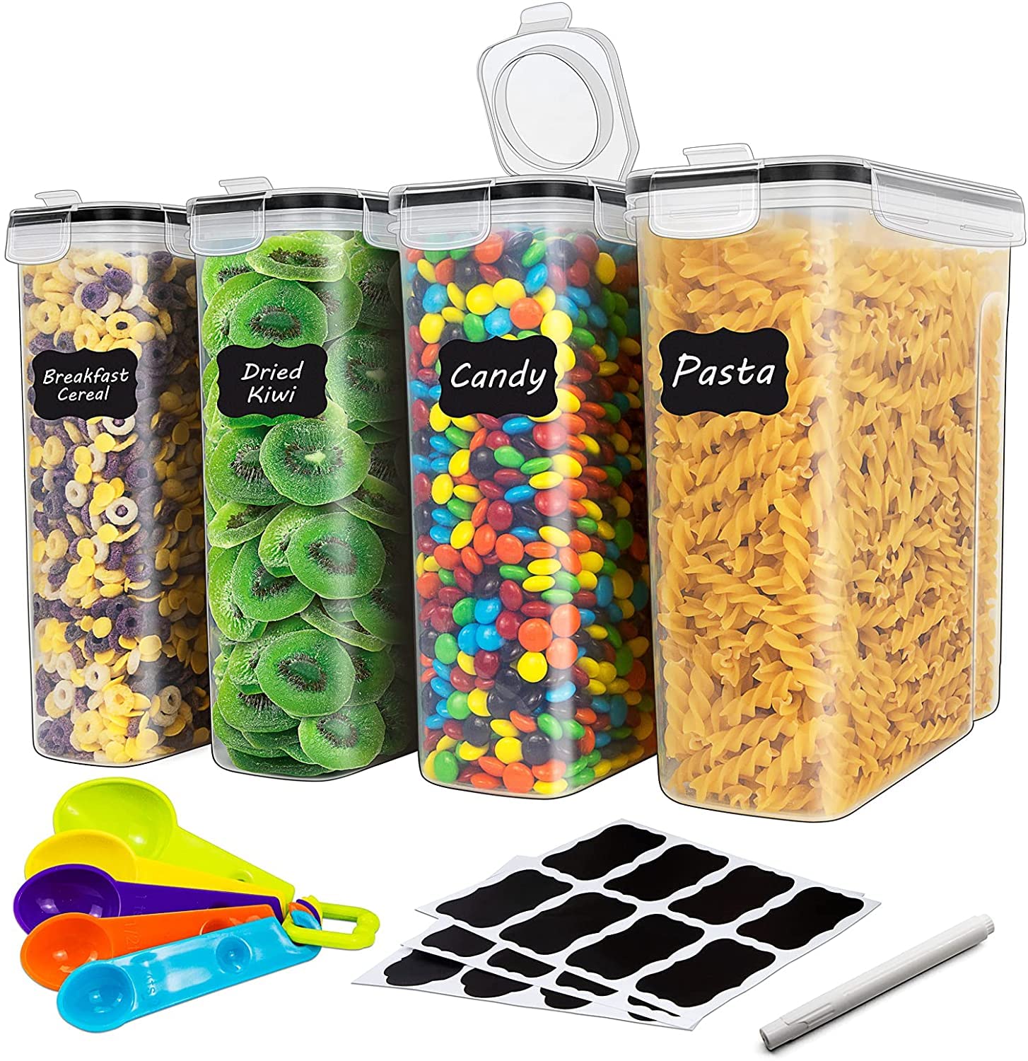 Large Cereal Containers Storage Set for Pantry, 4 Pack 4L/135 Oz Airtight Food Storage Containers BPA Free Plastic Containers with Lids for Sugar Flour Snack, Labels and Spoons Included,Black