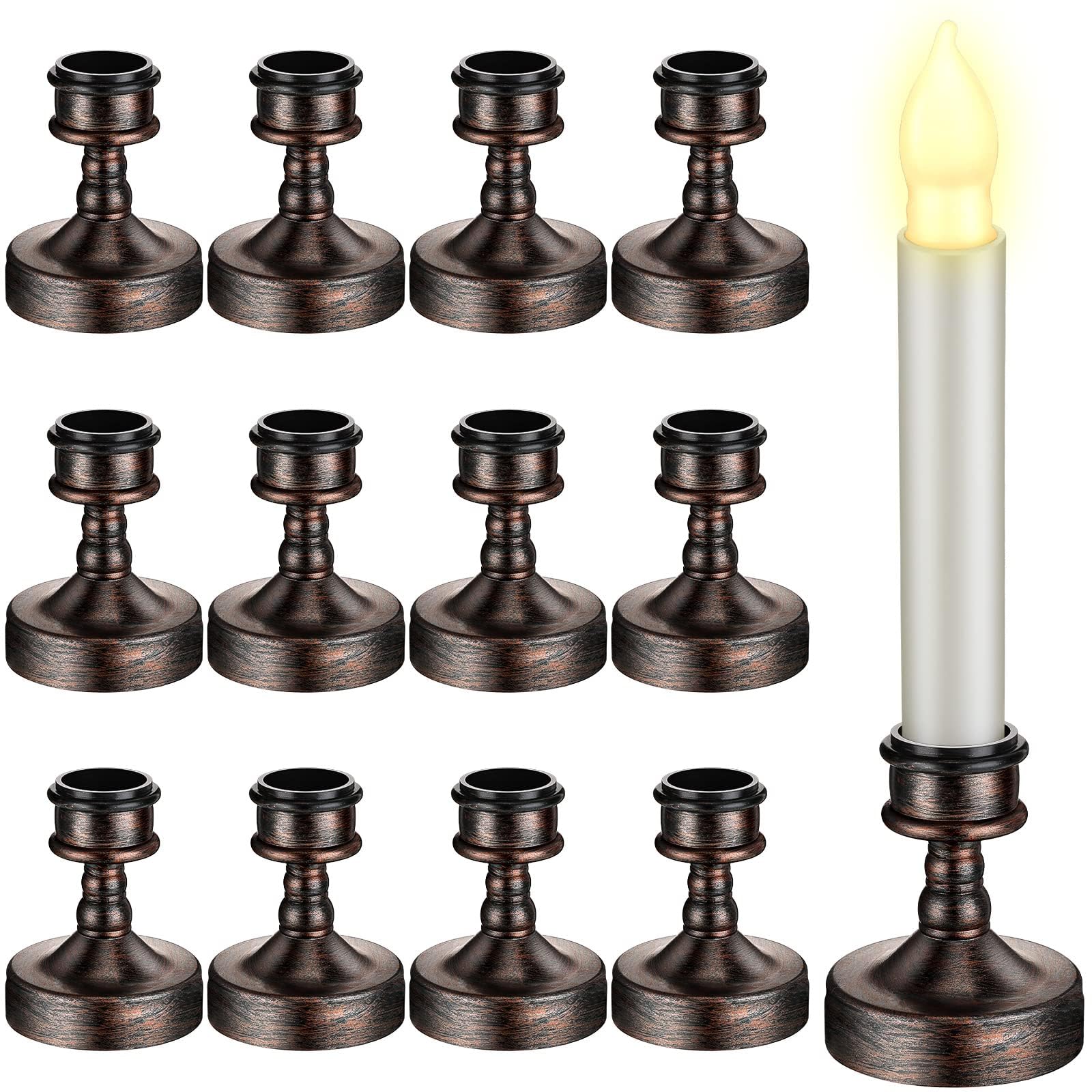 TERRIFI 12 Pieces Window Candle Taper Candle Holders Plastic Traditional Candlesticks for Table Centerpiece Pillar Candle Base Holder for Wedding Dinner Tables (Black)