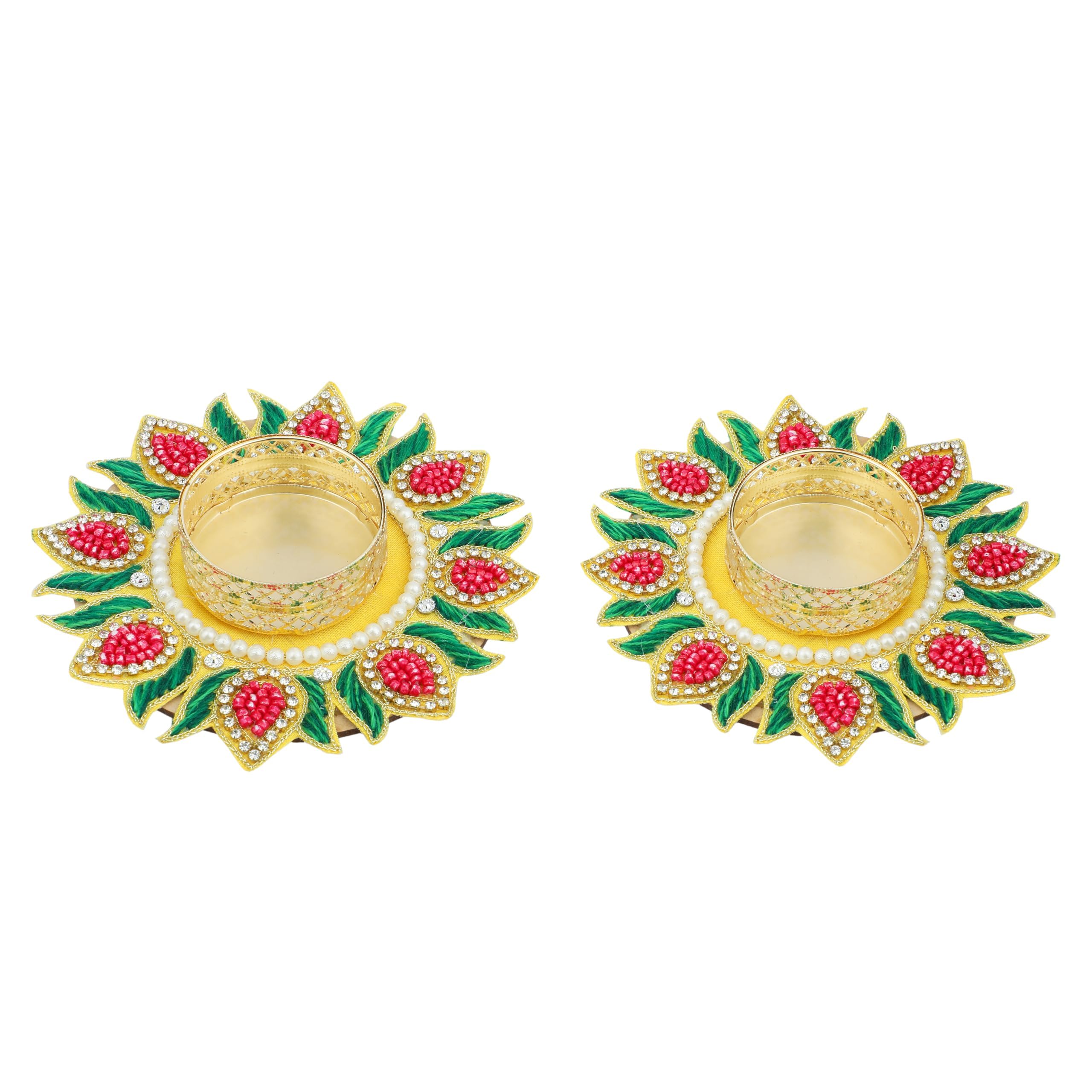 Set of 2 Decorative Mat Rangoli with T-Light candle Holder Stand for Indian Festival Christmas New year Decorations Made up of Golden Embrodaries for Return Gifting Idea (Size:- 4")(Colour:- Yellow)