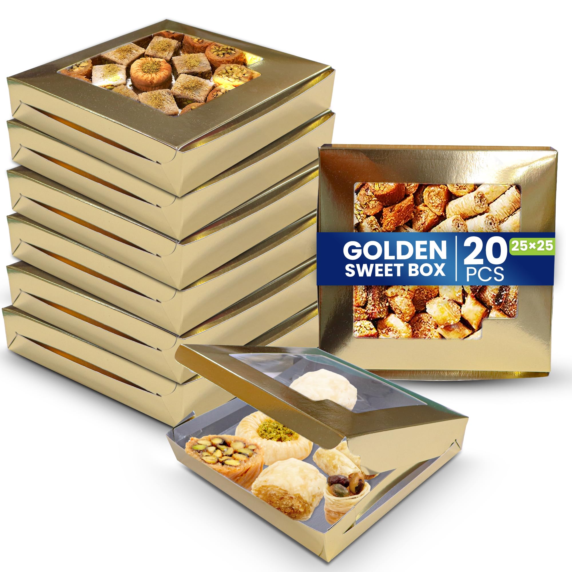 SNH Packing Pack 20 Gold Bakery Box with Window, 25 x 25 cm Sturdy Aluminum Treat Boxes for Cookies, Pastries, Donuts & Cakes - Dessert Gift Boxes for Weddings, Birthdays & Party Favors