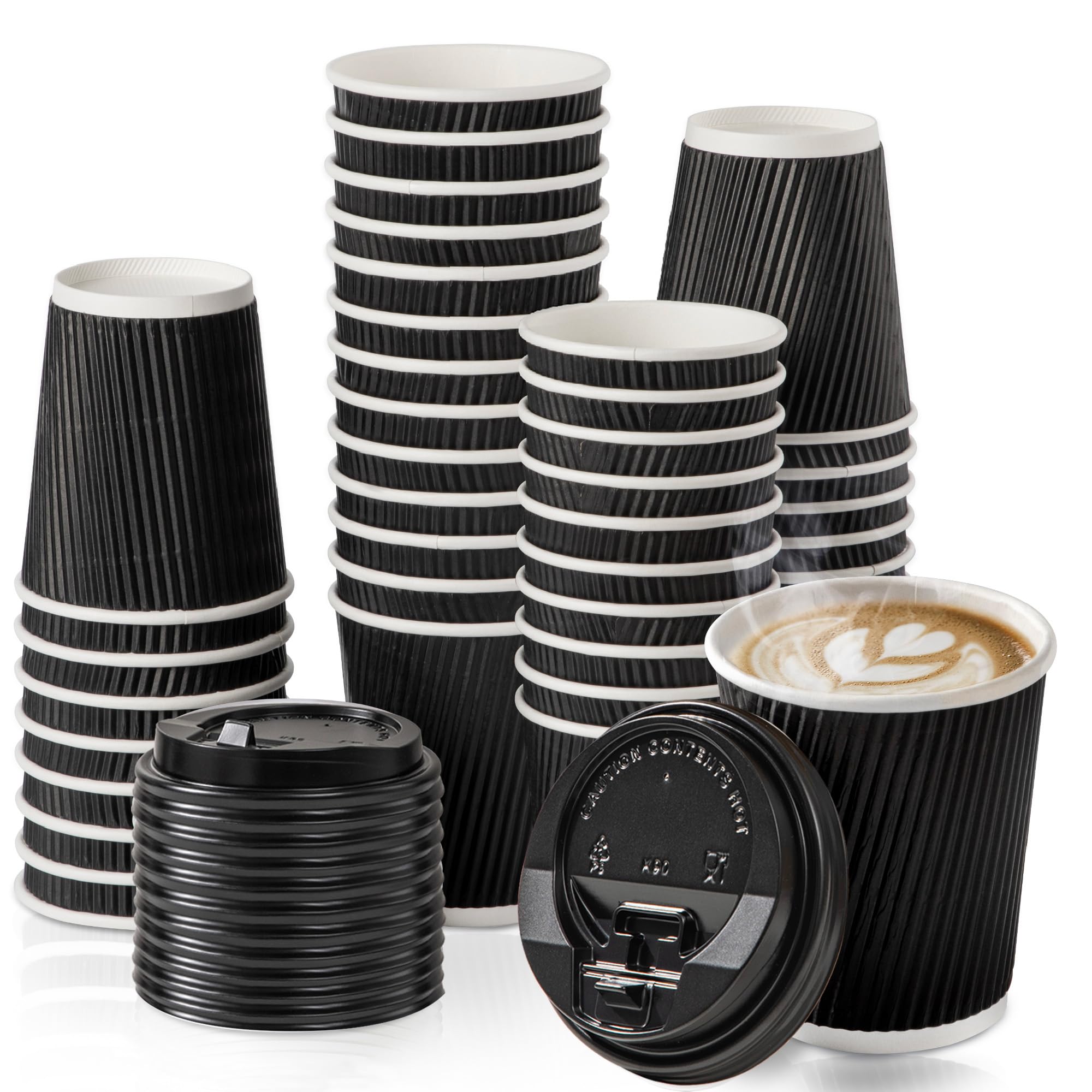 Fit Meal Prep 50 Pack 8 oz Insulated Ripple Triple Wall Paper Coffee Cups with Black Lids, Premium Disposable, Black To Go Anti Slip for Hot Beverages, Travel, Home, Office