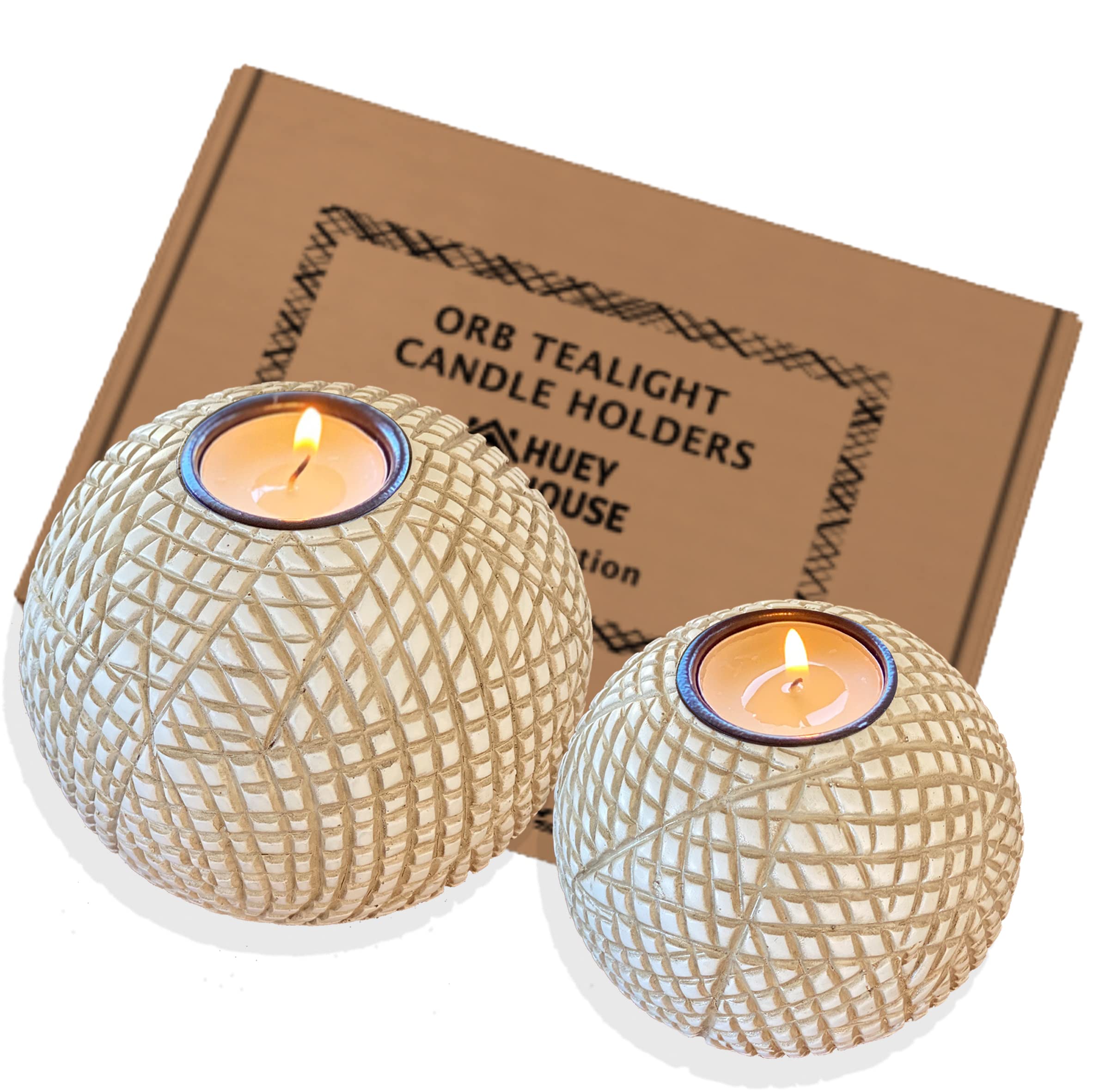 Luca Orb Candle Holders (Gift Boxed Set of 2), Table Centerpieces for Dining or Living Room, Spa, Bathroom, Kitchen Counter, Mantle or Coffee Table Decor (Grid Pattern, Beige and White)