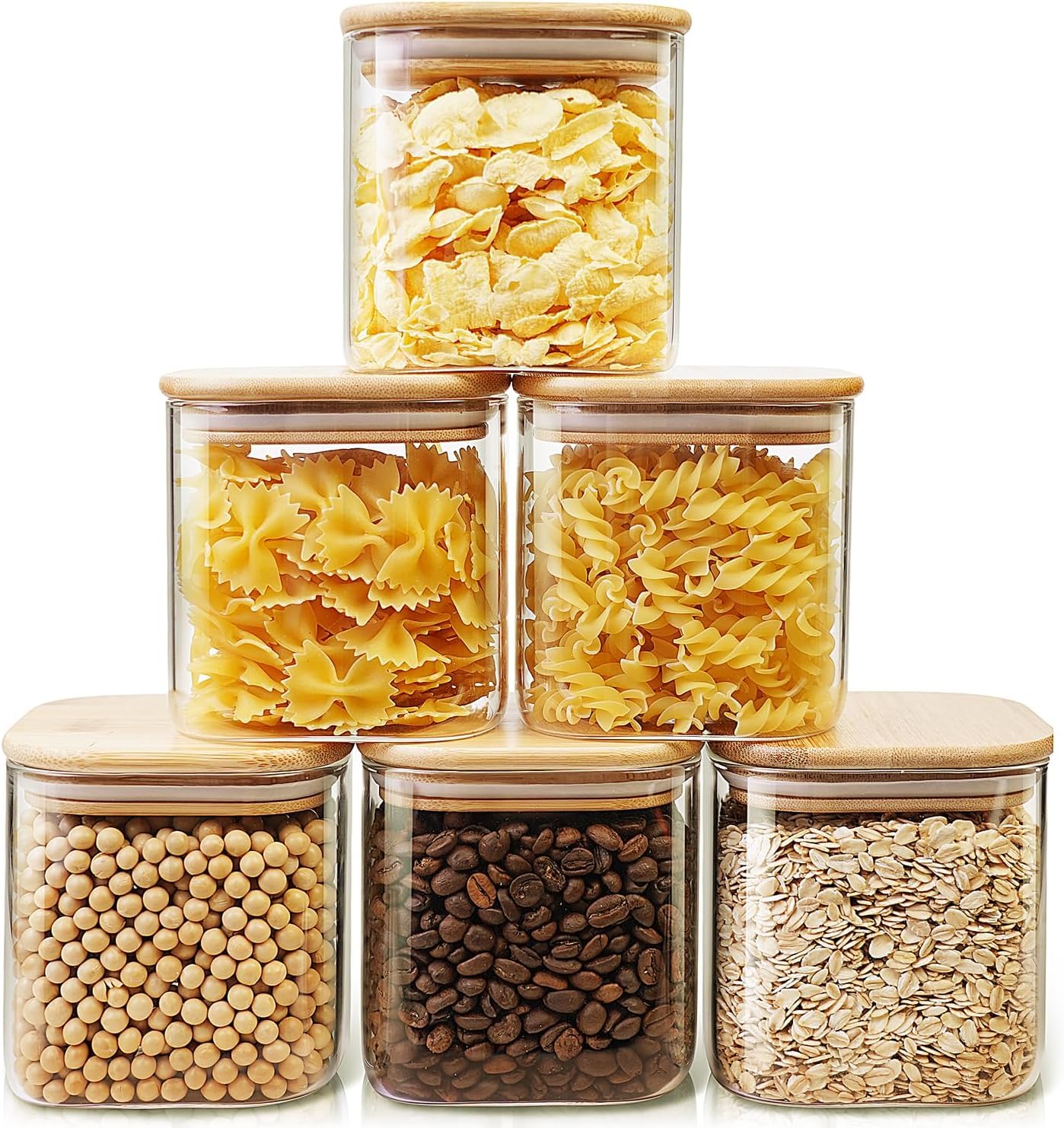 PREMIFY 6-Pack Glass Jars with Bamboo Lids 26oz –Airtight Mason Jars and Stackable Food Storage Containers for Coffee, Sugar, Pasta, Tea, Candy & Nuts