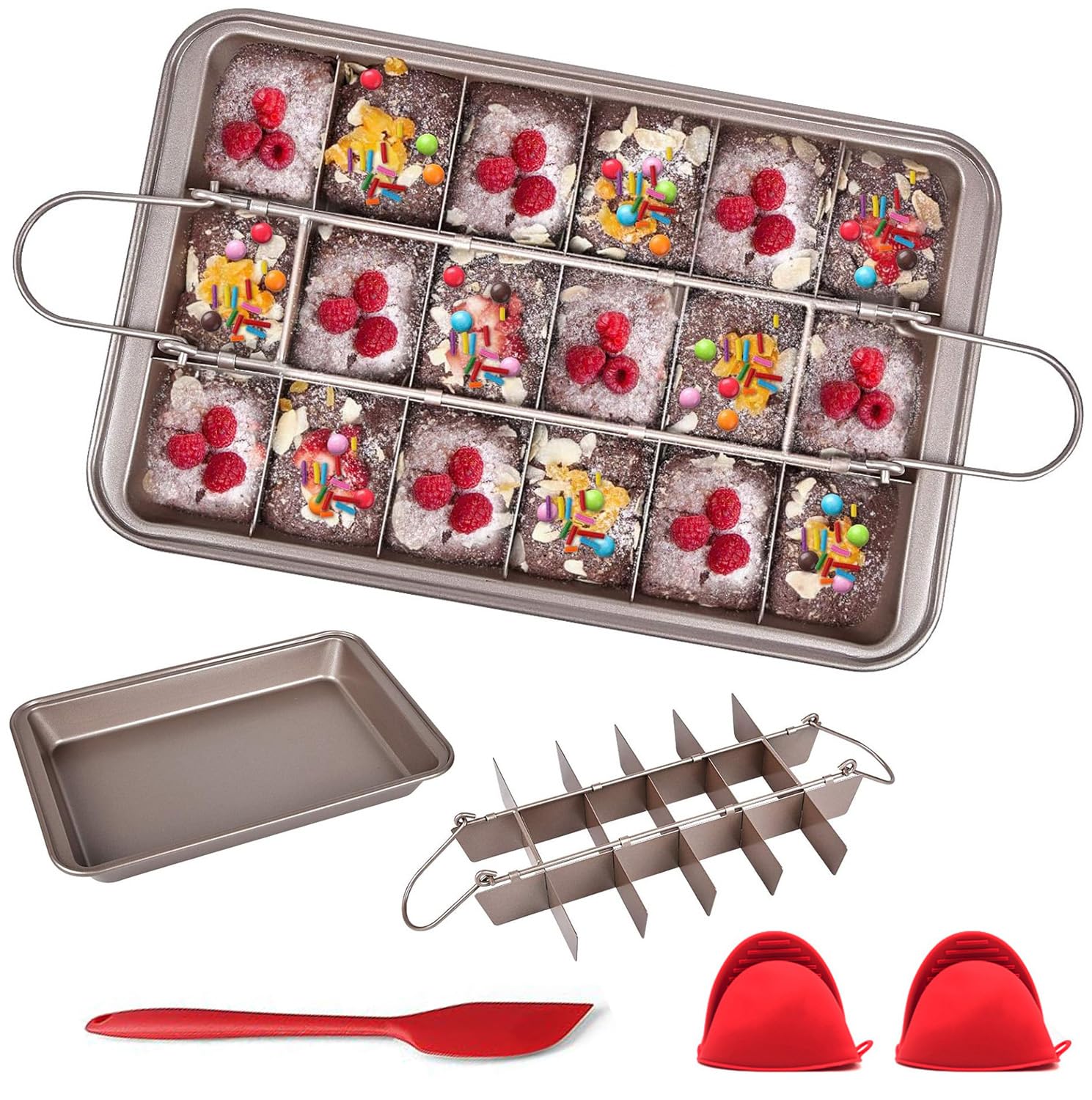 Non Stick Brownie Pans with Dividers, Brownie tin18 Pre-Slice Lattice Square Baking Cake Baking Tray,Champagne Gold
