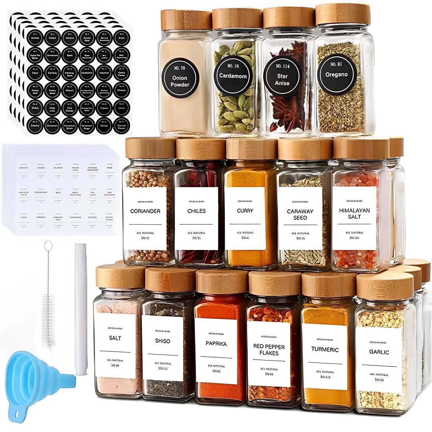 Beauenty 24 Pcs Glass Spice Jars With Bamboo Lids,Complete Seasoning Organizer Set With Labels And Funnel Small Spice Containers, Transparent Seasoning Container,Vanilla Bottle,Kitchen Storage Set