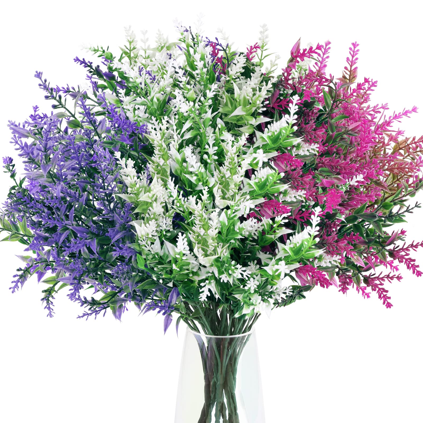 9pcs Artificial Flowers Outdoor, UV Resistant Faux Plastic Flower for Outdoor Fake Lavender Flowers in Bulk for Outside Garden Porch Window Hanging Planters Decoration (Purple, White, Magenta)