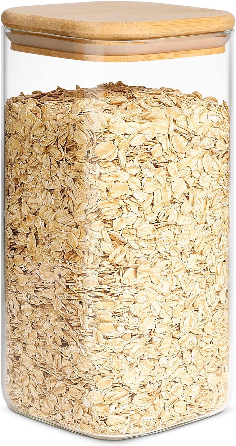 SKY-TOUCH Glass Food Storage Jars Containers set 1.5L,with Airtight Bamboo lids Set of 1,for Spices Noodles Flour Cereal Rice Sugar Tea Coffee Beans, Square (1 Pack, 1500ml)