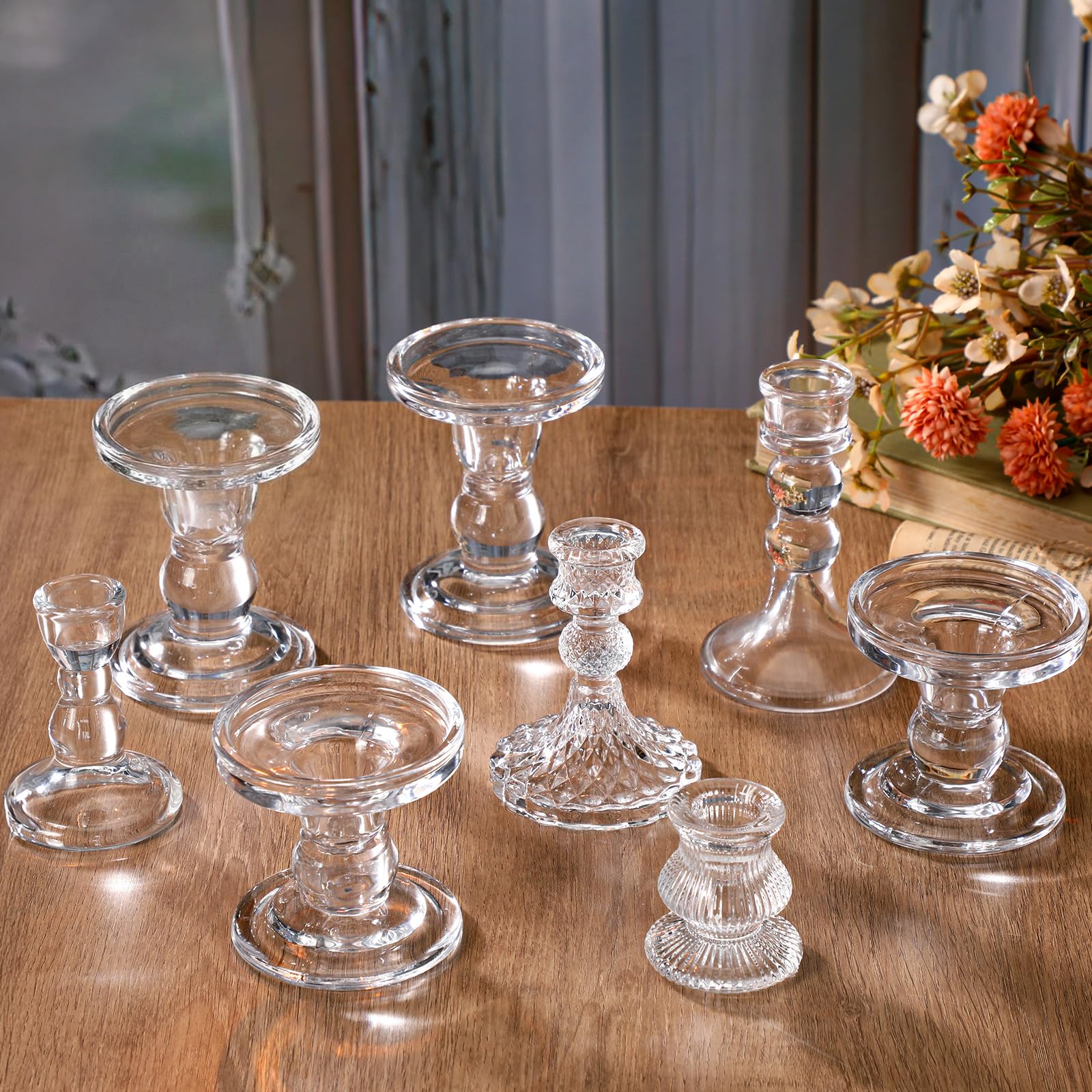 8 Pieces Glass Taper Candle Holders Clear Short Stripe Taper Candlestick Holders Bulk Elegant Glass Candle for Table Centerpiece Wedding Christmas Party Decor Festival Home Decoration