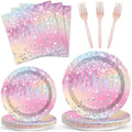 TERRIFI Round Disposable Paper Plates, 100PCS Diamond Glitter Disposable Paper Plates Set for Parties and Events - 25 Large, 25 Small Plates with Forks, Napkins for Weddings, Birthdays (9 in and 7 in)