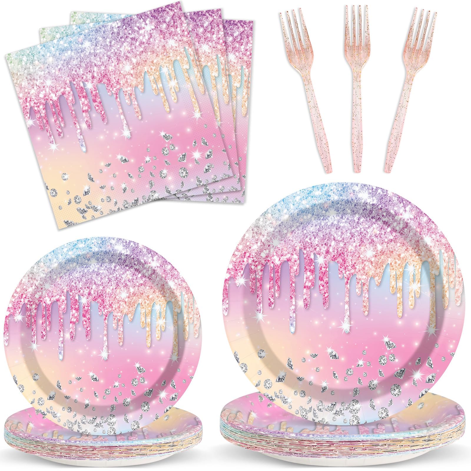TERRIFI Round Disposable Paper Plates, 100PCS Diamond Glitter Disposable Paper Plates Set for Parties and Events - 25 Large, 25 Small Plates with Forks, Napkins for Weddings, Birthdays (9 in and 7 in)