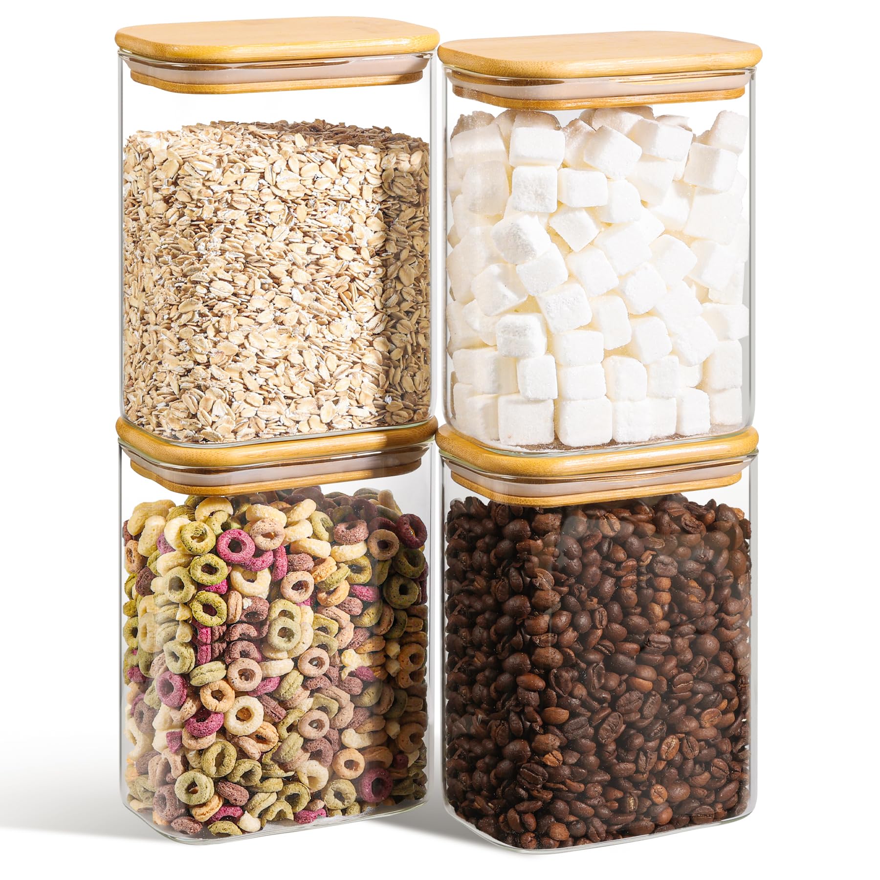ComSaf Airtight Glass Jars with Bamboo Lids, 4 Pack 1100ml Rectangular Kitchen Storage Containers, Stackable Spice Jars for Rice, Lentils, Dates, Sugar and Other Dry Foods for Kitchen Organization