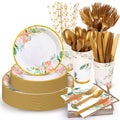 URbazaar 200 Pcs Disposable Dinnerware Set,25 Guest Party Supplies Dinner Set Include Paper Plates Napkin Cup Straw Plastic Spoon Fork Knive for Baby Shower,Wedding,Birthday (Flower)