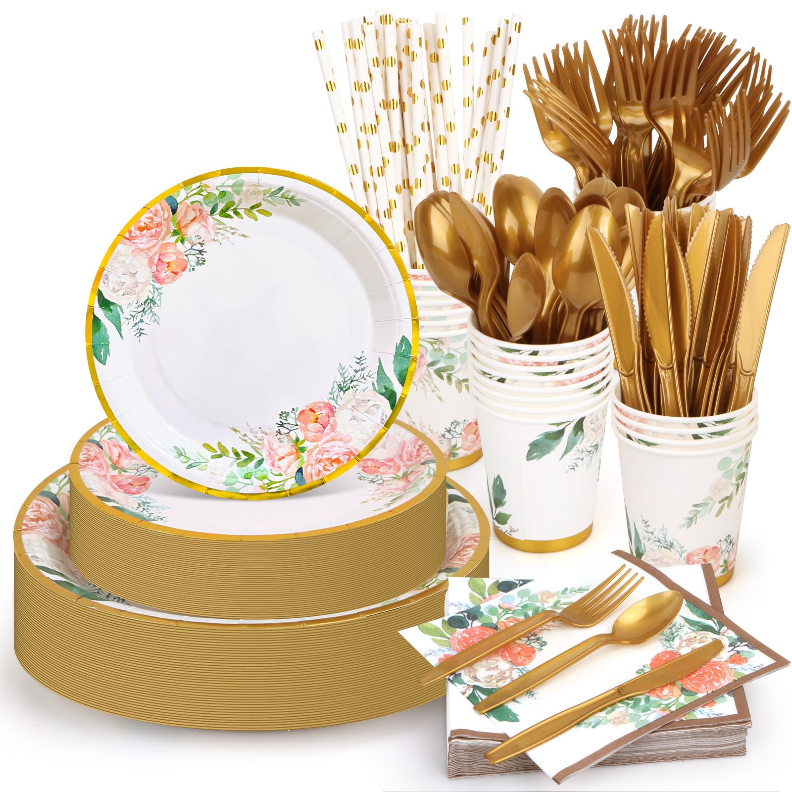 URbazaar 200 Pcs Disposable Dinnerware Set,25 Guest Party Supplies Dinner Set Include Paper Plates Napkin Cup Straw Plastic Spoon Fork Knive for Baby Shower,Wedding,Birthday (Flower)