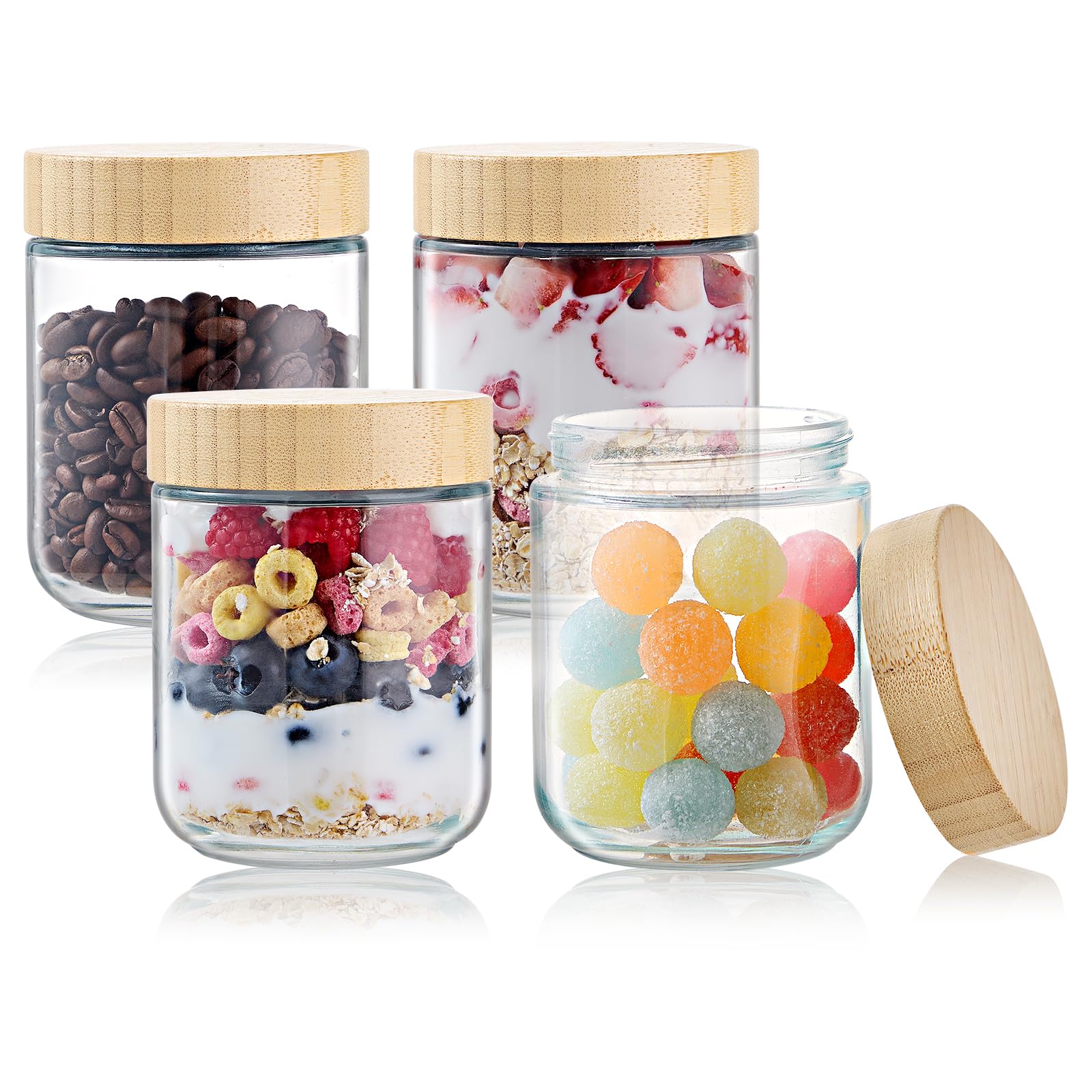 Overnight Oats Jars with Bamboo Lids, 16oz Airtight Glass Jars Canister, Wide Mouth Mason Container, Glass Food Storage Containers Jars for Snacks Yogurt Spice Sugar (4 Pack, 16oz)
