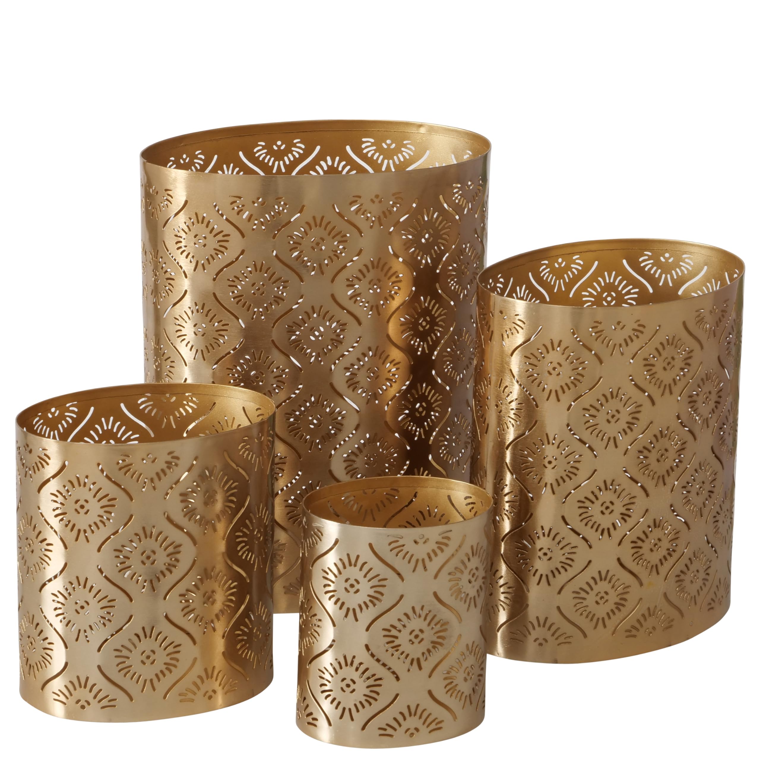 WHW Whole House Worlds Modernist Home Golden Oval Candle Holders, Set of 4, Gold, Punched Metal, Star Gazer Lattice, 10 Inches