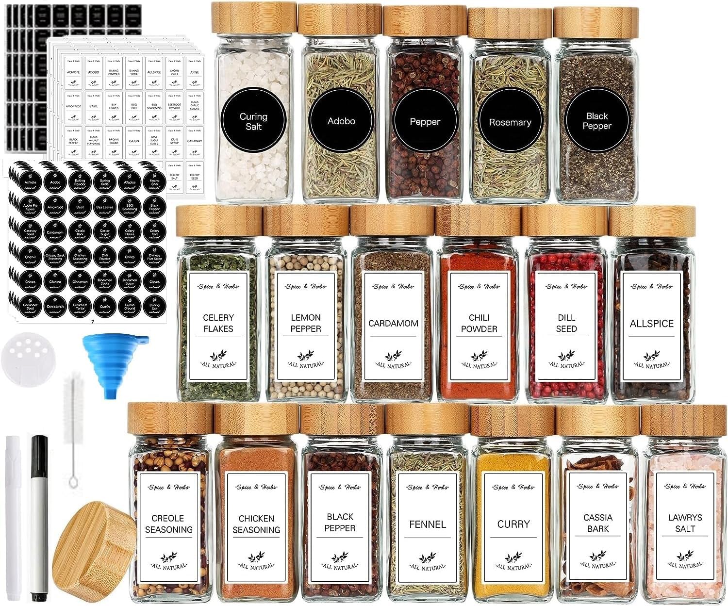 24 Pcs Spice Jars with 648 Labels Stickers - Bamboo Lids, Shaker Lids, Collapsible Funnel, Cleaning Brush, 2 Pens, Seasoning Storage Bottles for Spice Rack, Cabinet, Drawer