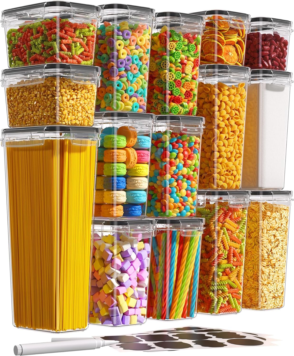 Premify 15 Airtight Food Storage Containers Set with Lids,BPA Free Plastic Dry Food Canisters For Cereal, Flour,Sugar, Kitchen Pantry Organization and Storage (Black)