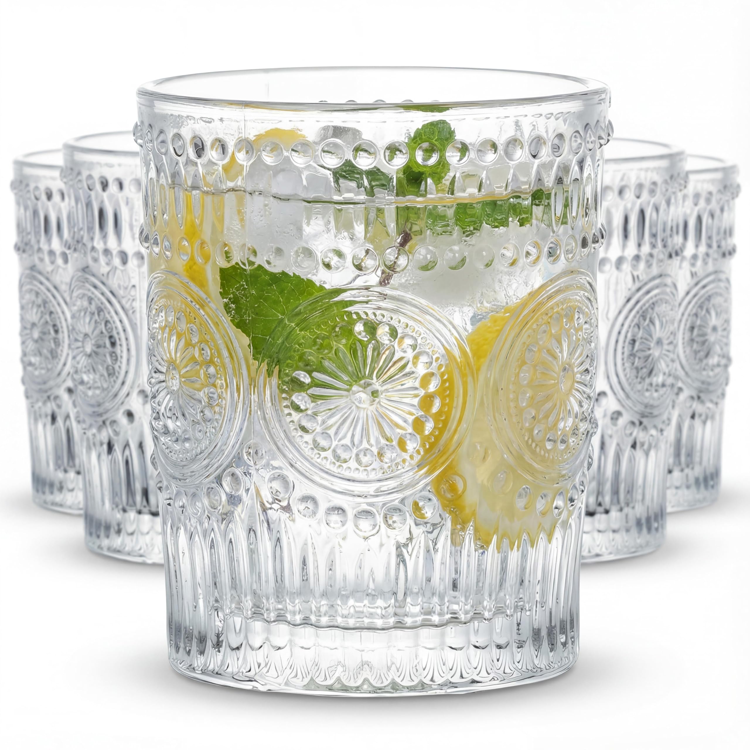 Kingrol 6 Pack 9.5 oz Romantic Water Glasses, Premium Drinking Glasses Tumblers, Vintage Glassware Setâ€‚for Juice, Beverages, Beer, Cocktail