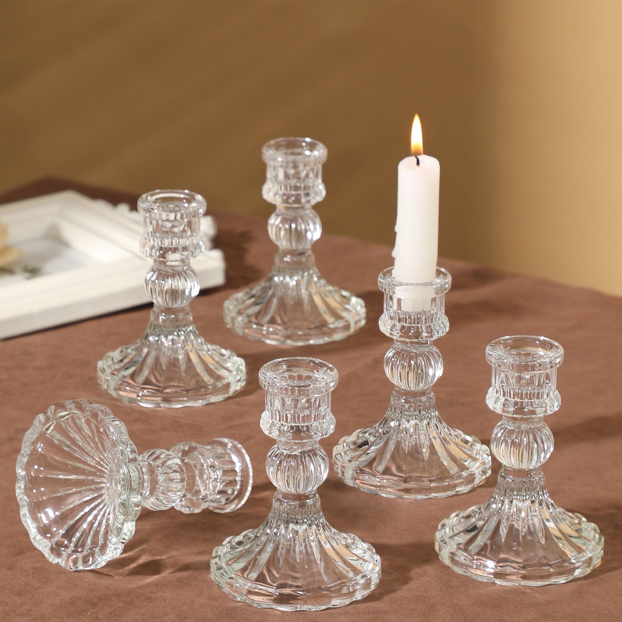 Glass Candle Holder, Clear Taper Candle Candlestick Holder for Wedding Party Table, Spring Decor, Anniversary, Festival Decoration, Dining Room Table, Valentine's Day, Set of 6