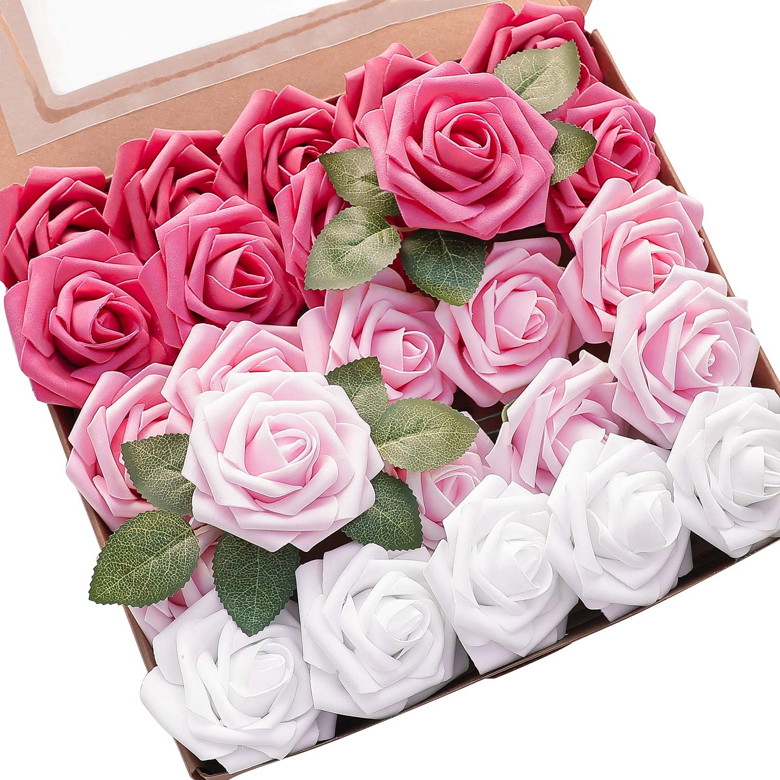 Artificial Flowers 25pcs Real Looking Blush Pink Ombre Colors Foam Fake Roses with Stems for DIY Wedding Bouquets Bridal Shower Centerpieces Floral Arrangements Party Tables Home Decorations