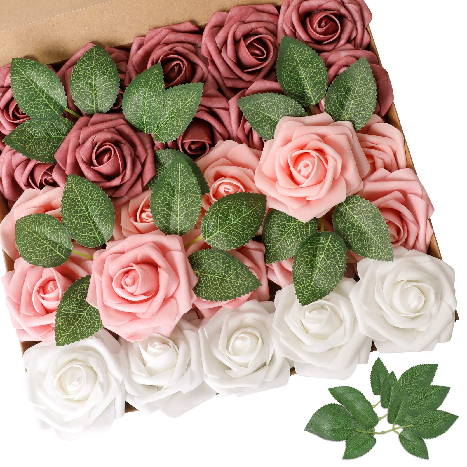 Artificial Flower Shades of Rose 25pcs Real Looking Fake Roses w/Stem for DIY Wedding Bouquets Centerpieces Arrangements Party Baby Shower Home Decorations