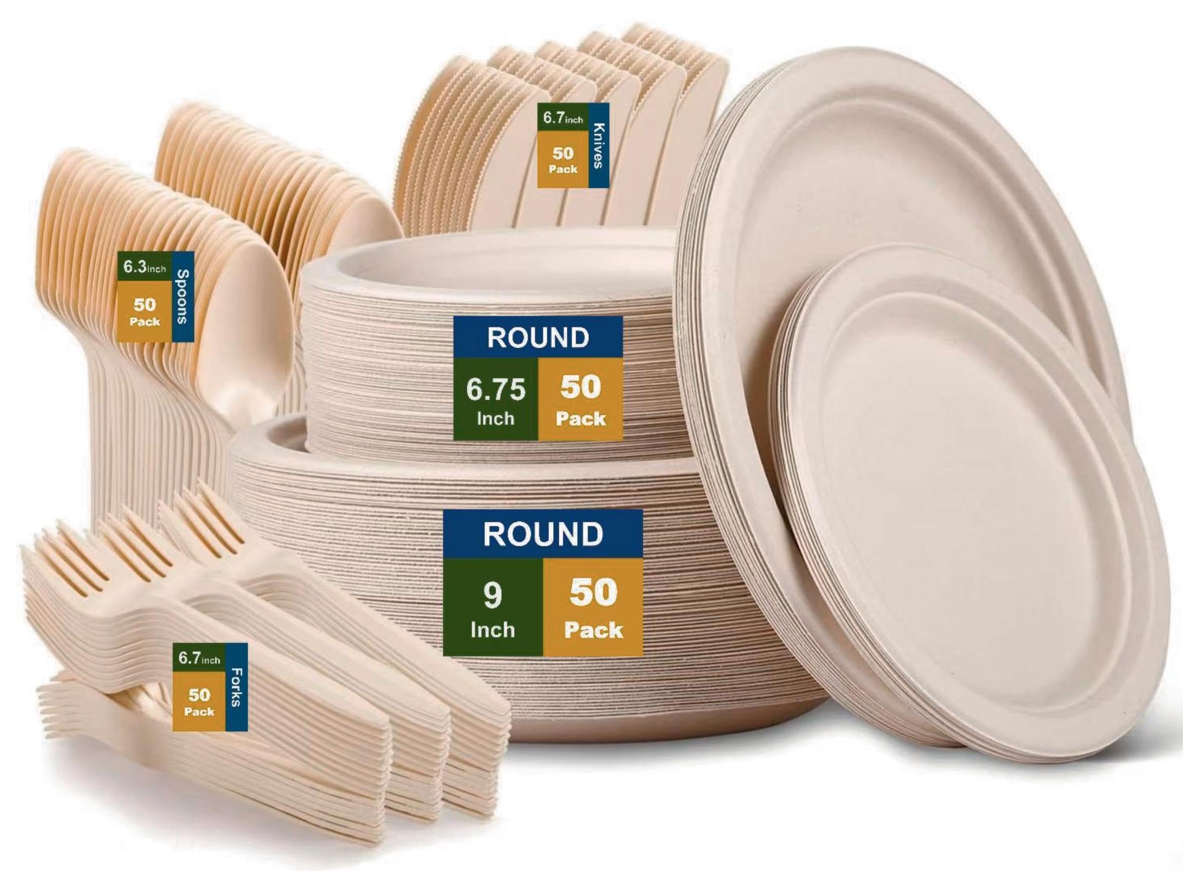 [250Pcs] Disposable Plate Sets for Dinner, Camping or Party, Plant-based Dinner Sets, Biodegradable, Microwave Safe, Serve for 50 People
