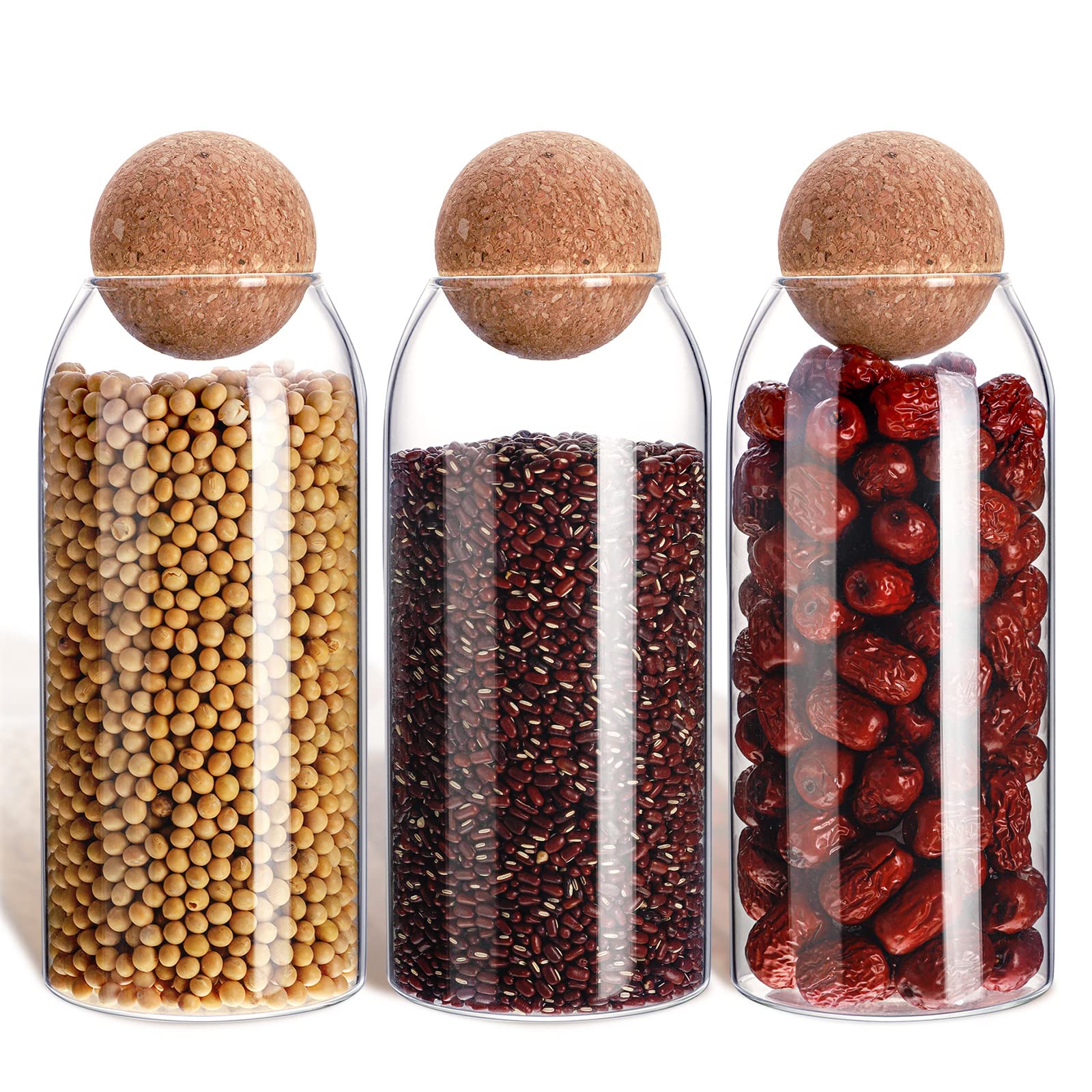 3 Pcs Glass Jar with Ball Cork Lid Decorative Round Bottle Sealed Canister Jar Storage Container Organizer with Airtight Seal Wooden Lid for Food Coffee Bean Candy Biscuits Spice(1000 ML/ 34 Oz)