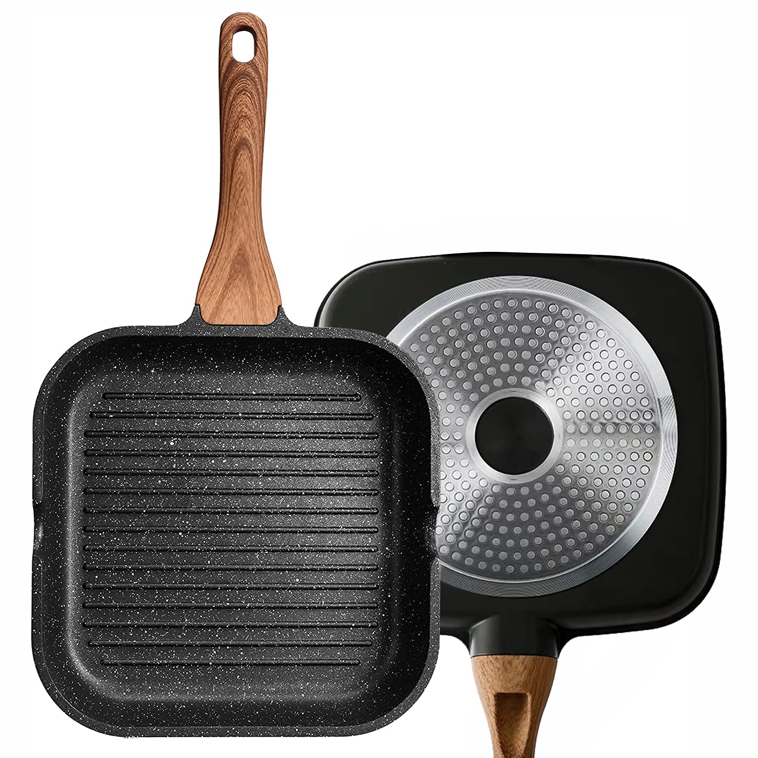 Angju Nonstick Grill Pan for Stove Tops with Pour Spouts Induction Compatible, Granite Coating, 10 inch(25cm), black