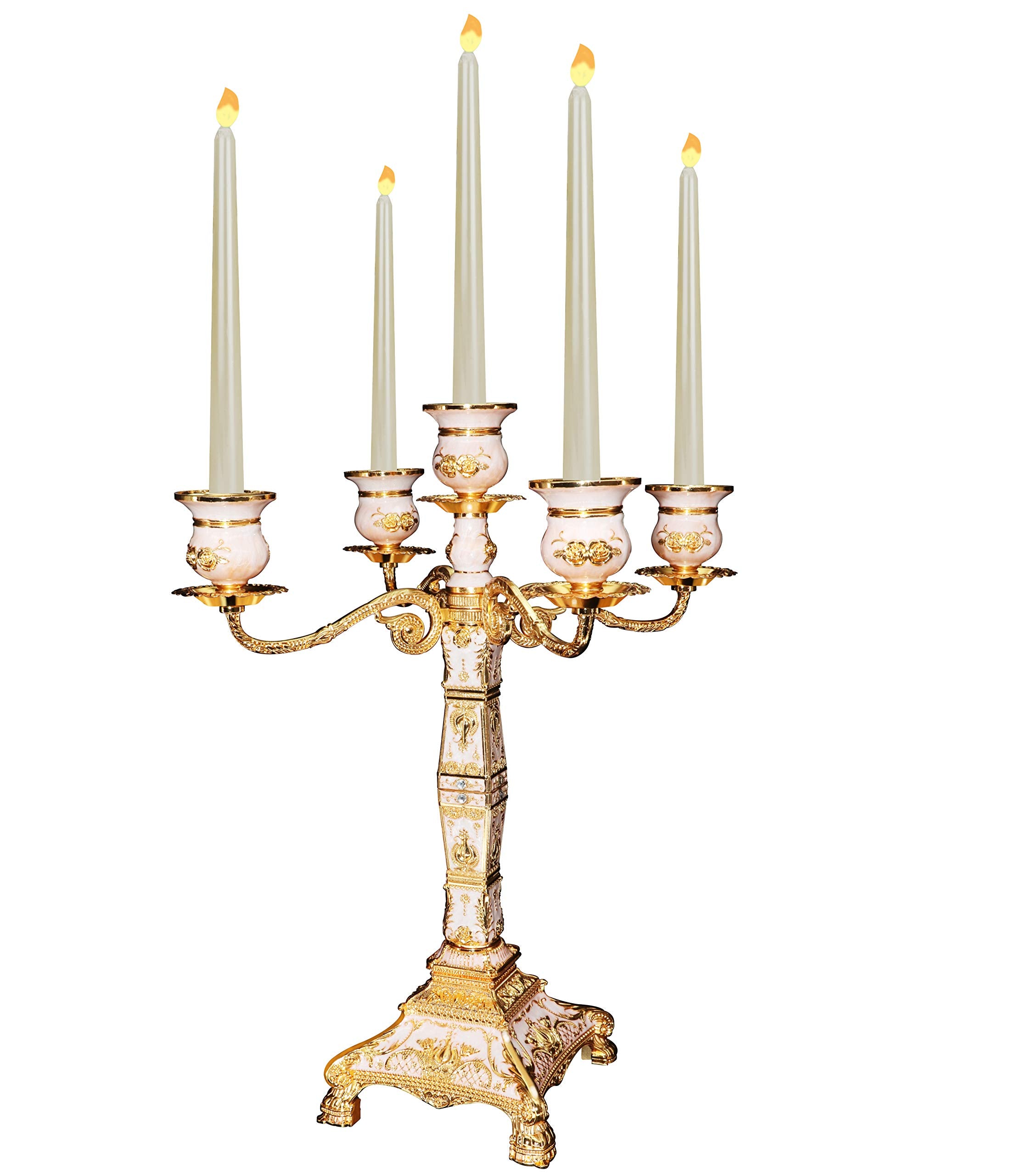 ROSYLINE Metal Candelabra 17" Height, Candle Holder with 5 Arms,Antique Bronze Furnish Candle Holder, Centerpiece for Home Decro,Wedding Event, Party,1 Pack Gold