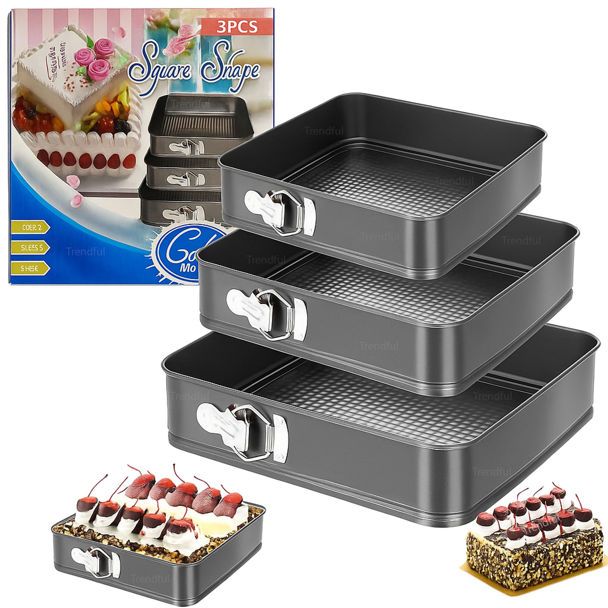 Trendful 3 Piece Square Springform Pan Set (24/26/28 cm), Nonstick Leakproof Cake Pans with Removable Bottom, Carbon Steel Bakeware for Cheesecake, Mousse, and Baking