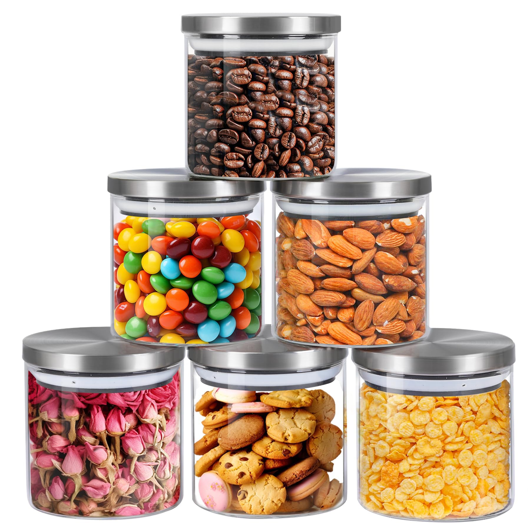 Glass Food Storage Containers with Stainless Lids, Clear Glass Jar with Lid set of 4, Small Glass Containers with Lids, 16 OZ Glass Storage Jars for Spice, Sugar, Tea, Candy, Cookie, Kitchen Canister