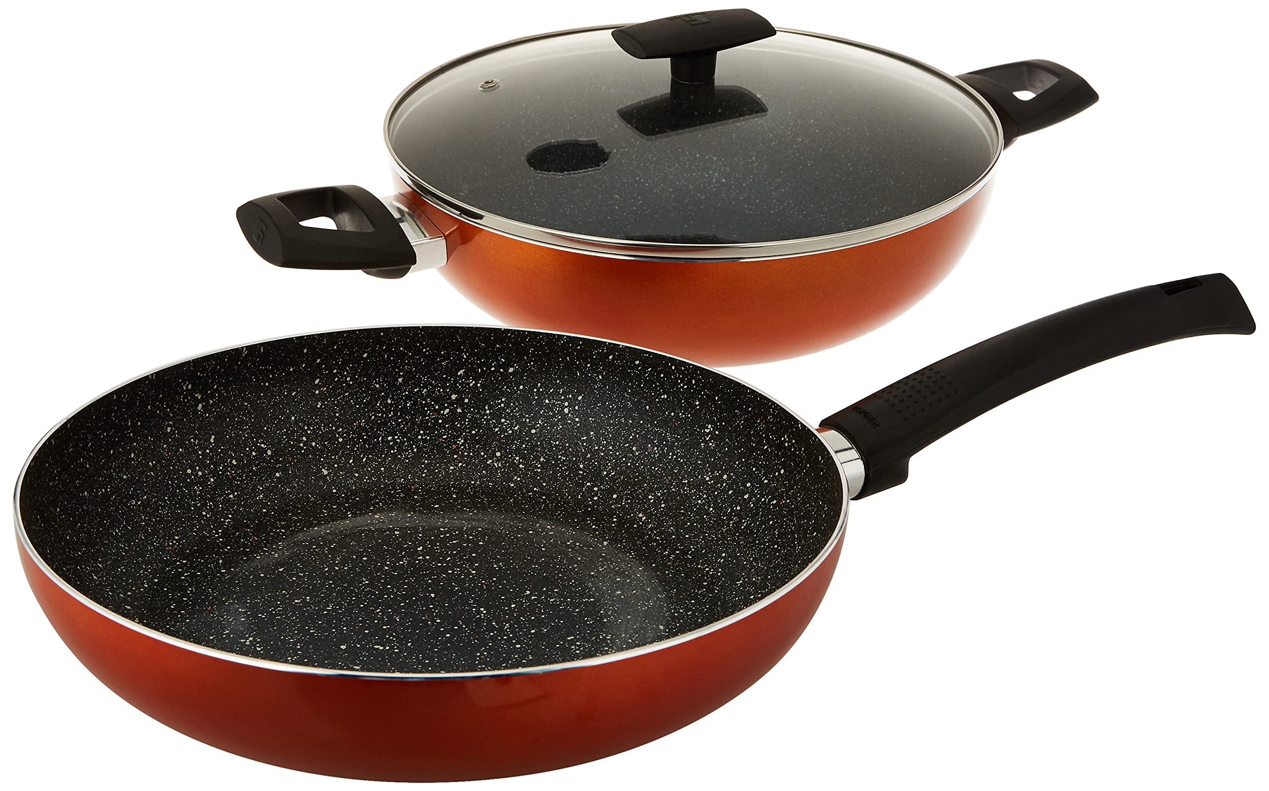 Bergner Ultra 3Pcs Cookware Set, Frypan 28cm + Kadai With Lid 28cm, Orange Colour, Pressed Aluminium, Induction Bottom, BG31310Or