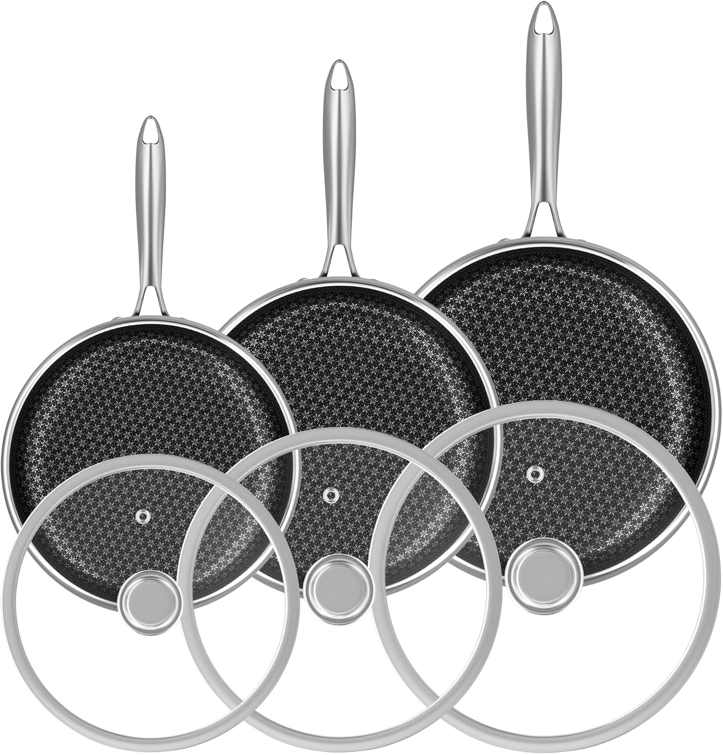 Frying Pans Nonstick With Lid, 8", 10", 12" Hybrid Tri-ply Stainless Steel Non Stick Frying Pan Set, Induction Cookware Set with Stay Cool Handle, Large Skillets and Frying Pans For Cooking Pan Set