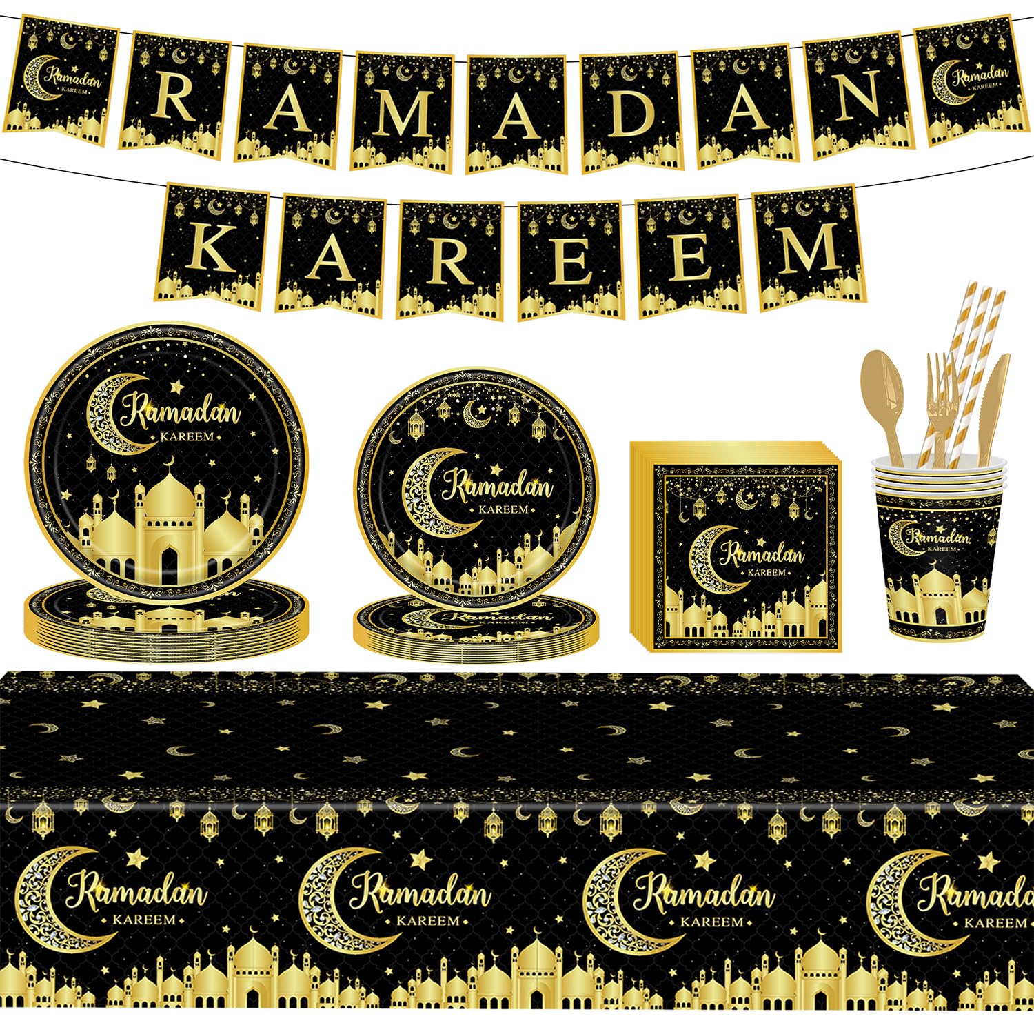 210pcs Eid Mubarak Dinnerware Set 24 Person Ramadan Tableware Set Dinner Plates Cups Disposable Napkins Straws Knives Forks And Spoons Ramadan Tablecloth, Hanging Eid Mubarak Decorations (B2)