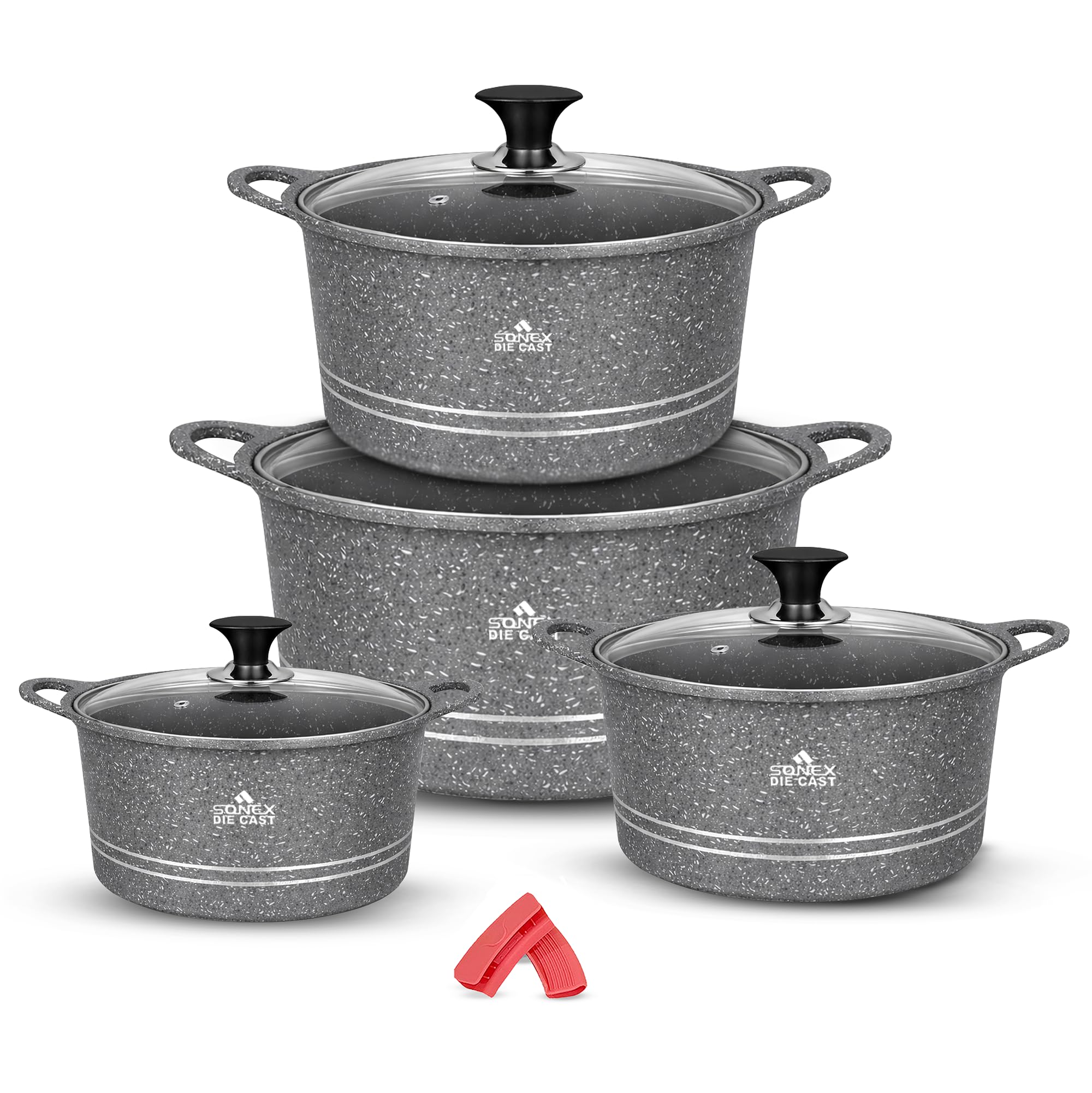 SONEX Eden King Die-Cast Casserole Cookware Set 10 Pcs – Granite Non-Stick Pots with Glass Lids & Silicone Holders, PFOA Free, Stackable, Dishwasher Safe, 3L to 13L, Grey Marble Finish