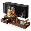 Cigar Ashtray, Whiskey Glass Tray & Wooden Ash Tray Combo with Cigar Cutter, Non-slip Mat & Increased Drawer Design, Brown, Classic Style