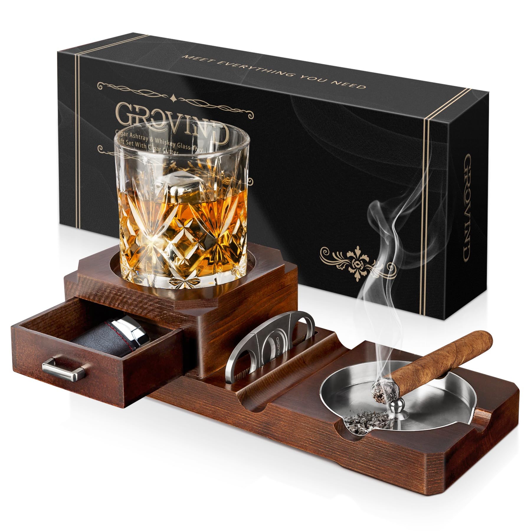 Cigar Ashtray, Whiskey Glass Tray & Wooden Ash Tray Combo with Cigar Cutter, Non-slip Mat & Increased Drawer Design, Brown, Classic Style