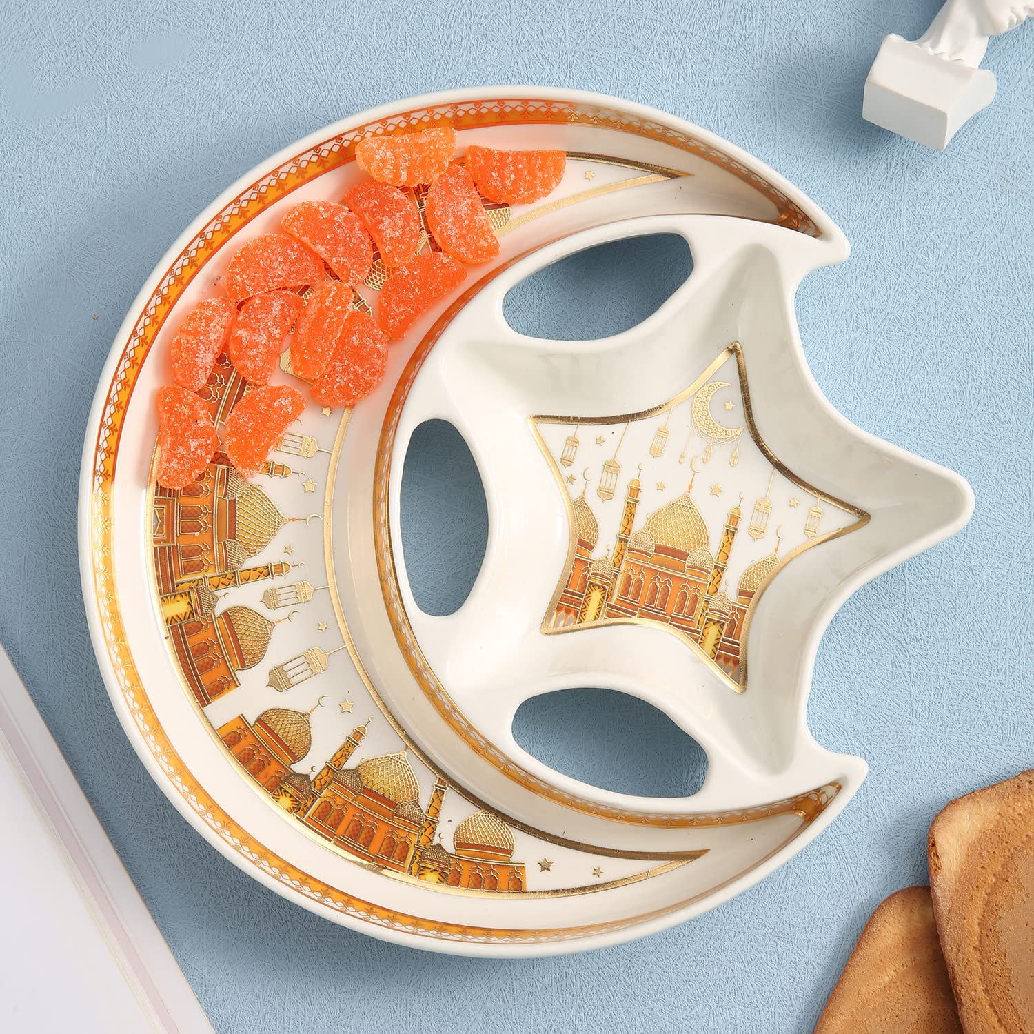 Ceramic Star Moon Shaped Serving Tray Holder Plate, Dish Ramadan Kareem Decoration Tray Eid Mubarak Dessert Tray-White and Gold Color (S)(L-20.5*W-3.5*H-20.5CM)
