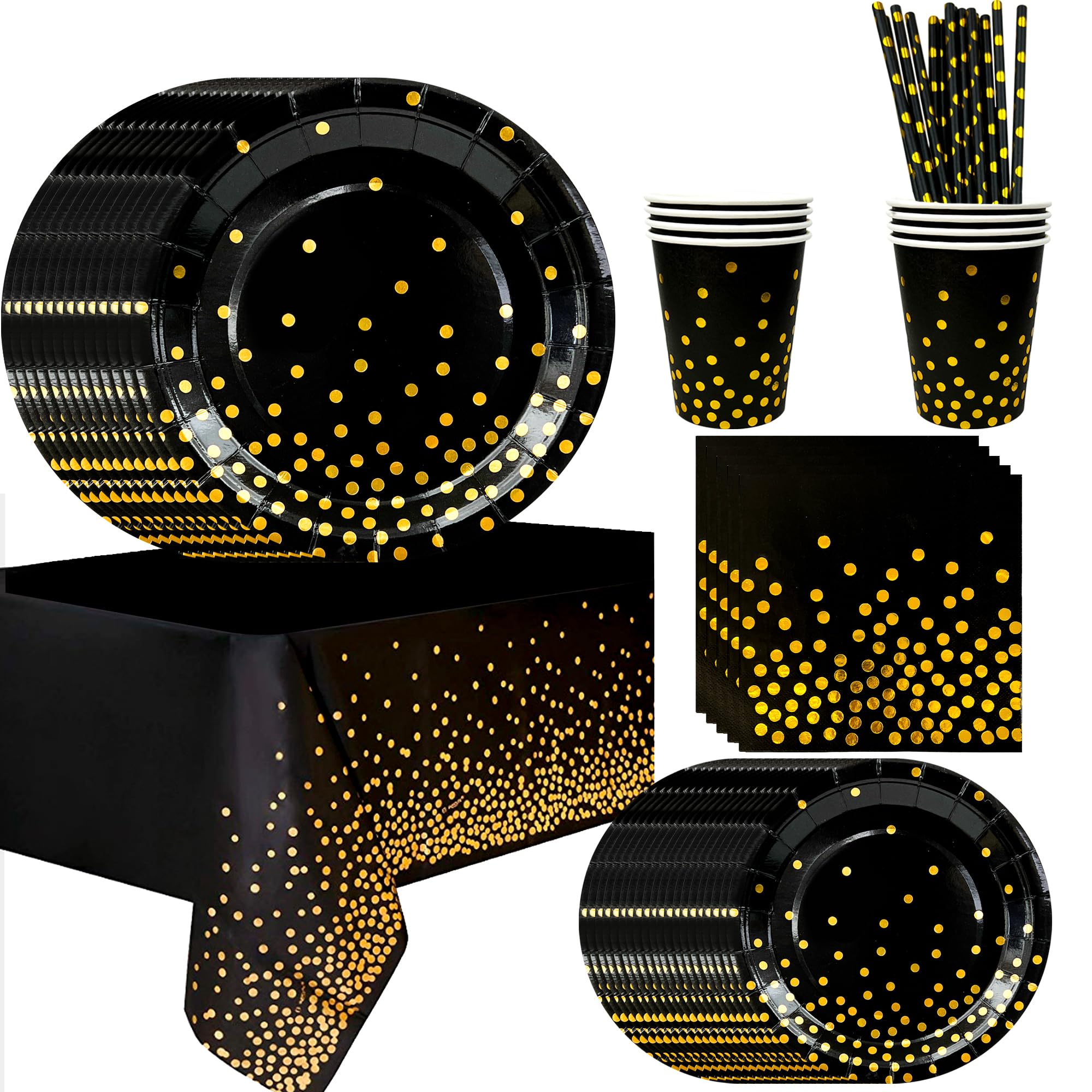Black and Gold Party Tableware for 24 Guests, 193pcs Black Gold Polka Dot Decoration Set Plates Black Golden Dot Paper Cups Table Cover etc Black Gold Party Supplies
