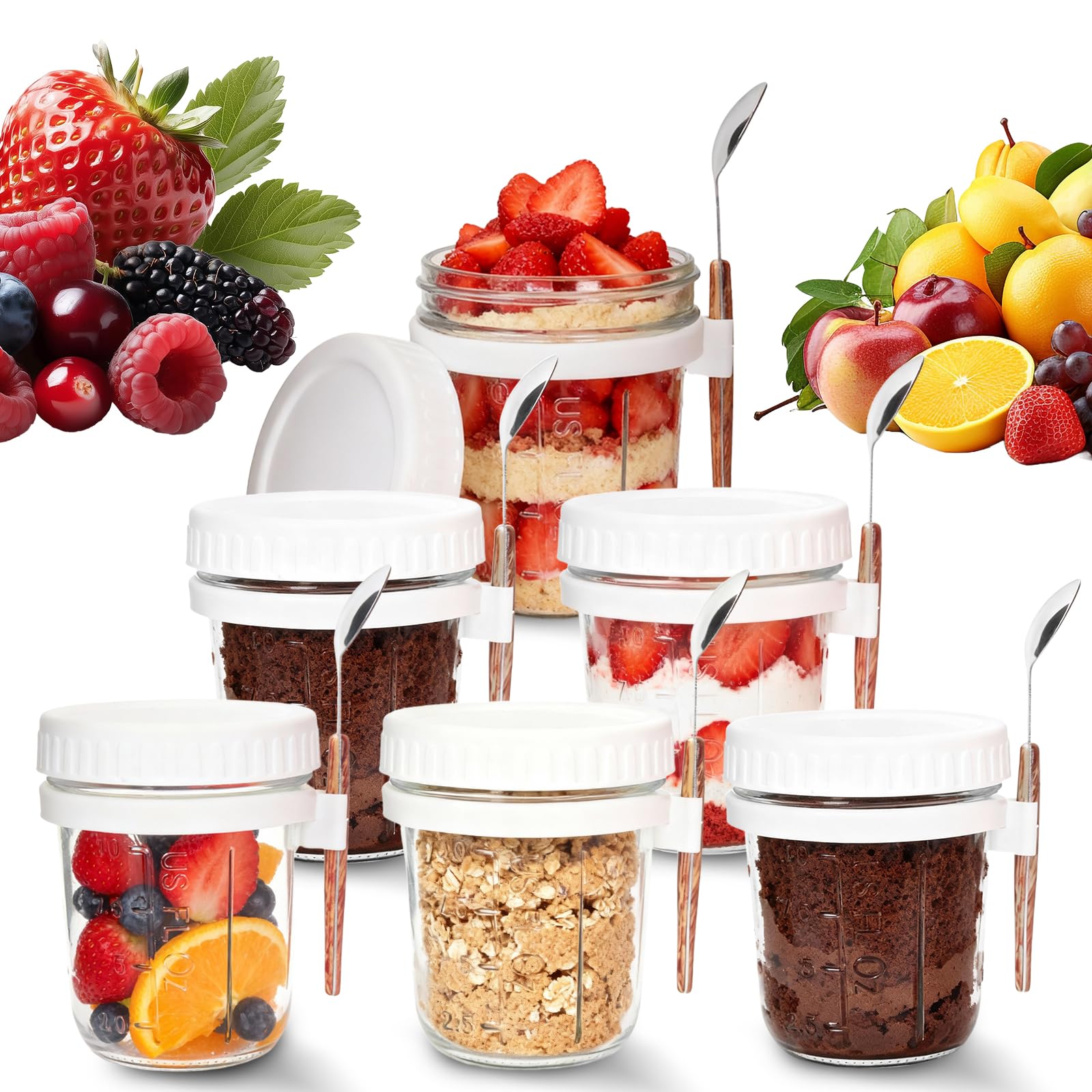 SKY-TOUCH 6 Pack Overnight Oats Jars, Overnight Oats Container with Lid and Spoon, 10 oz Cereal, Milk, Vegetable and Fruit Salad Storage Container with Measurement Marks (WHITE)