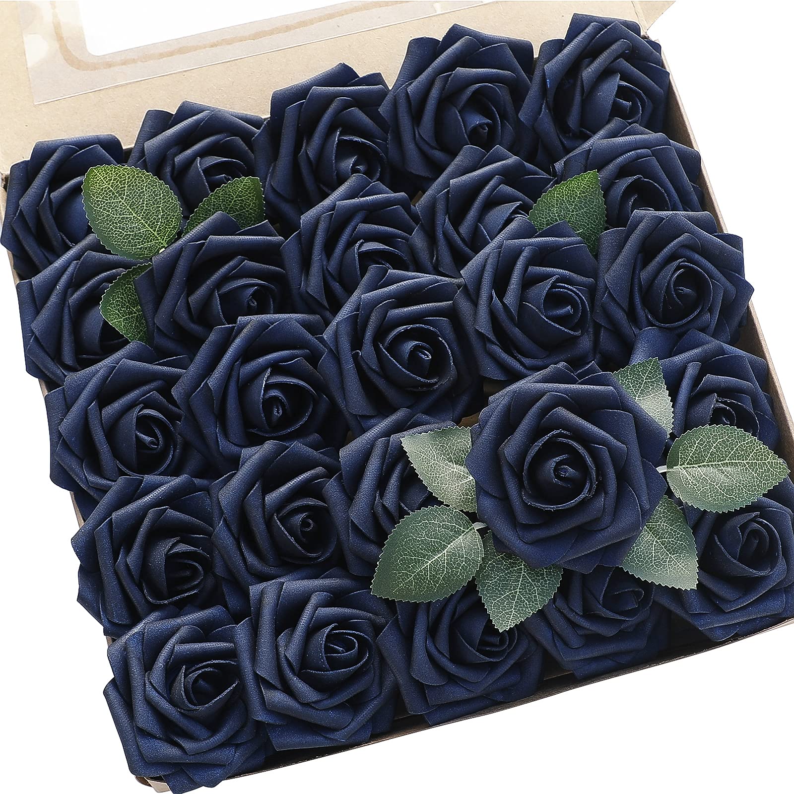 Artificial Flowers 50pcs Real Looking Navy Blue Foam Fake Roses with Stems for DIY Wedding Bouquets Bridal Shower Centerpieces Floral Arrangements Party Tables Home Decorations