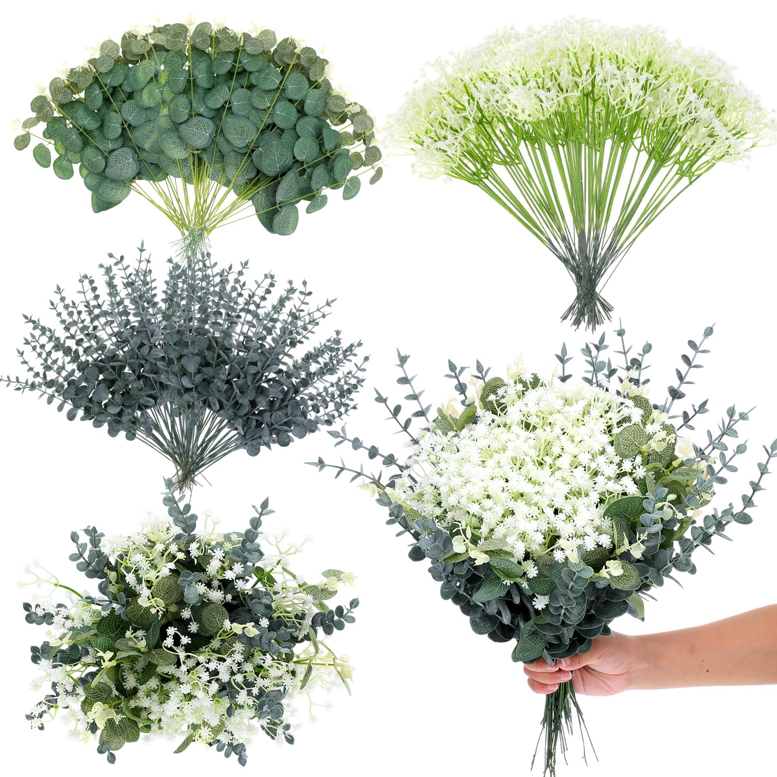Eucalyptus Leaves Stems 120pcs 3 Kinds Mixed Artificial Greenery Stems Baby Breath Flowers Artificial Bulk Greenery Stem Floral Decor for Wedding Decor Vase Floral Arrangement Centerpiece DIY Bouquet