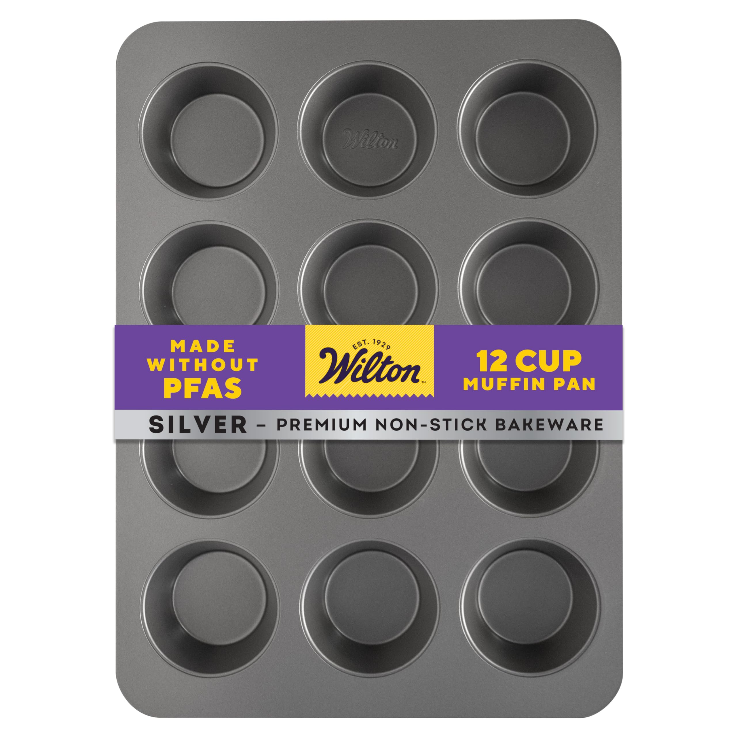 Wilton Silver Non Stick 12 Cup Muffin Pan, Cupcake and Muffin Tin for Baking and Brunch, Made without PFAS, Durable Steel