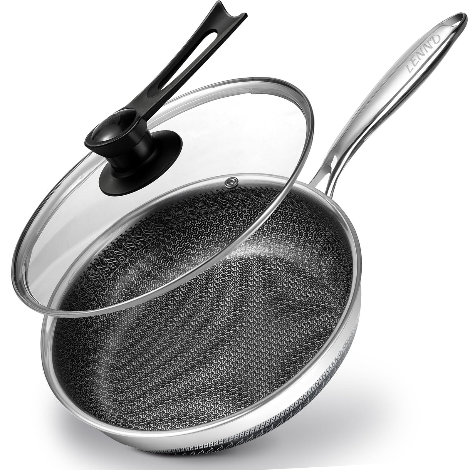 Frying Pan Nonstick with Lid, 28CM Deep Skillet, Stainless Steel Cookware Sauté Pan with Handle, Honeycomb Cooking Pot, Wok Pan Compatible with All Cooktops, Dishwasher Safe