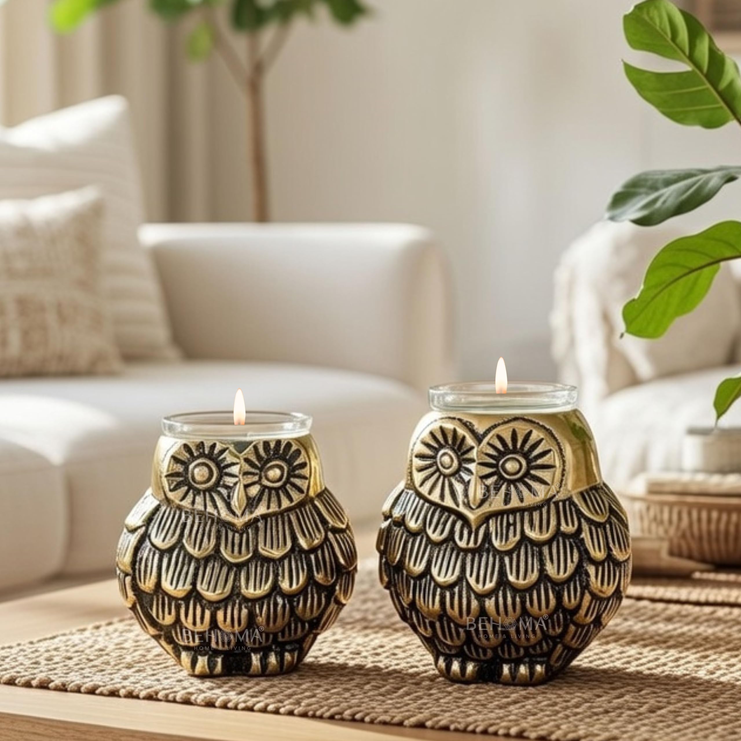 BEHOMA Metal Pair of Owls with Votives for Good Luck and Love | Candle Holder for Home Decor Tabletop Living Room Office | Showpiece Vastu Statue for Gifting Set of 2